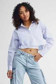 Chemise écourtée rayée en coton - Femme && BLEU MULTI