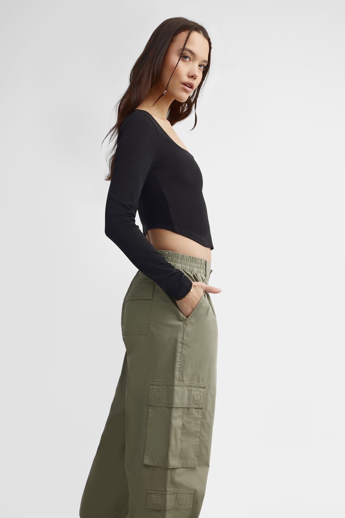 Pantalon parachute cargo coton - Femme && KAKI