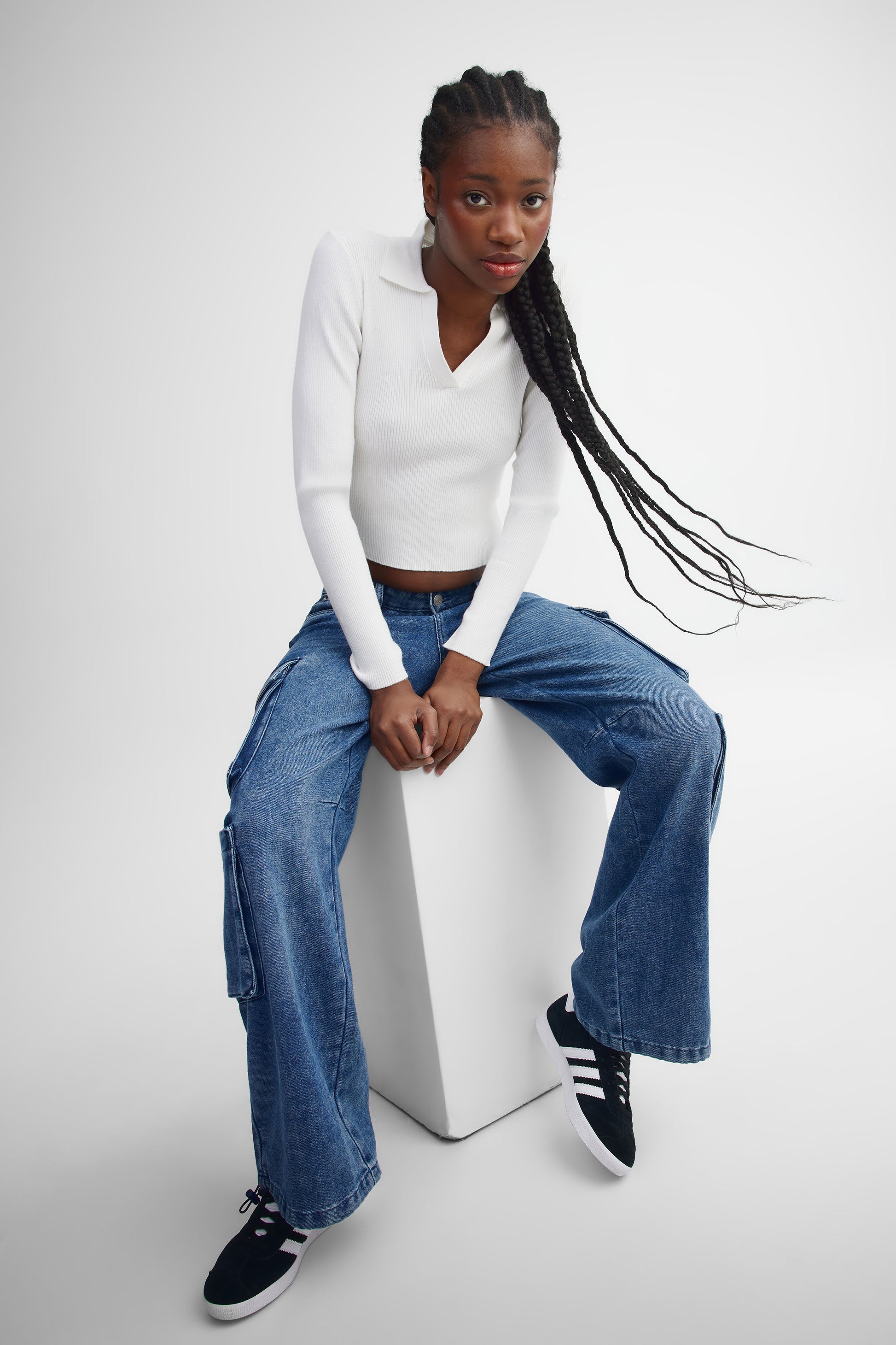 Polo manches longues côtelé - Femme && BLANC