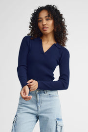 Polo manches longues côtelé - Femme && BLEU MARINE