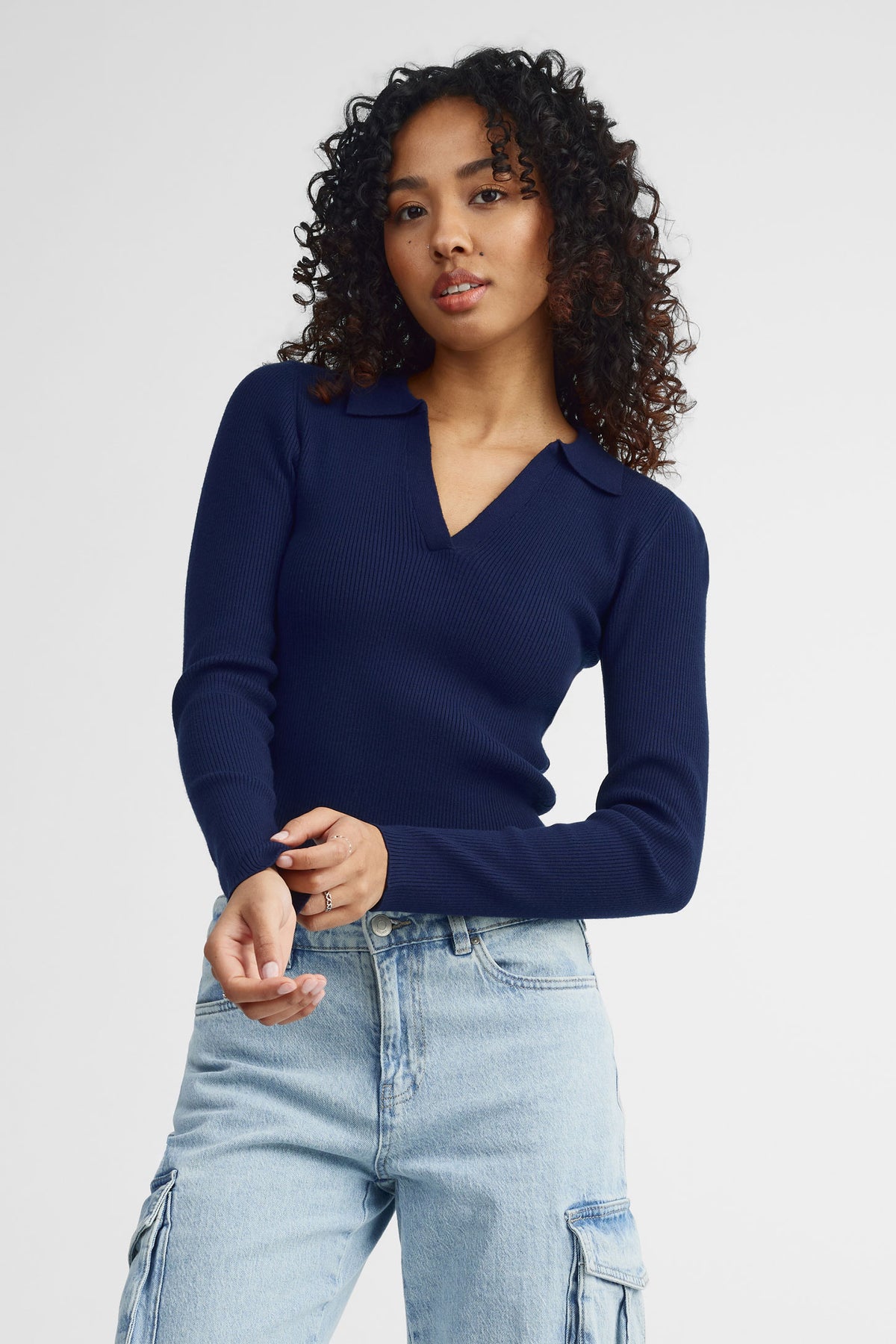 Polo manches longues côtelé - Femme && BLEU MARINE