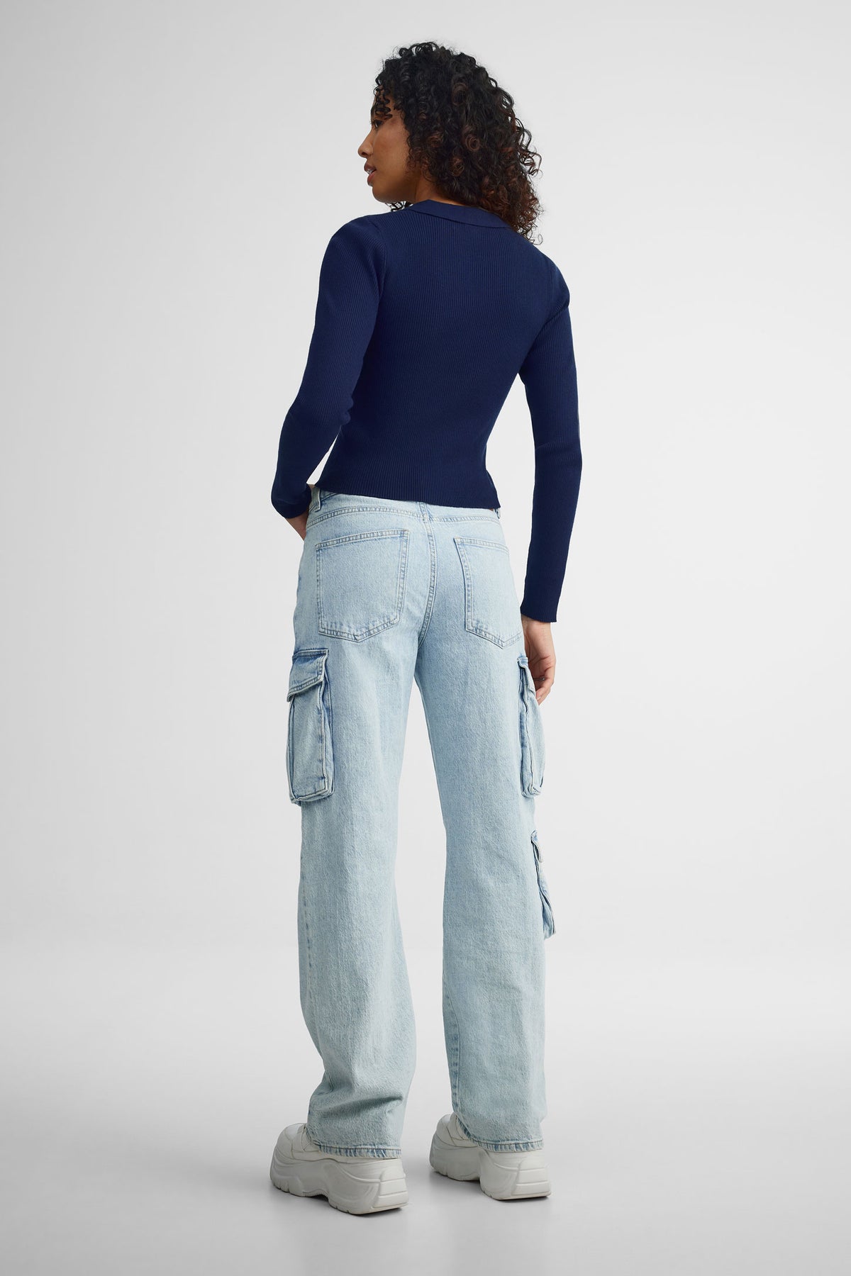 Polo manches longues côtelé - Femme && BLEU MARINE