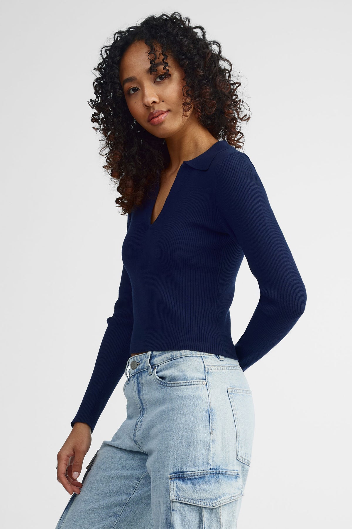 Polo manches longues côtelé - Femme && BLEU MARINE