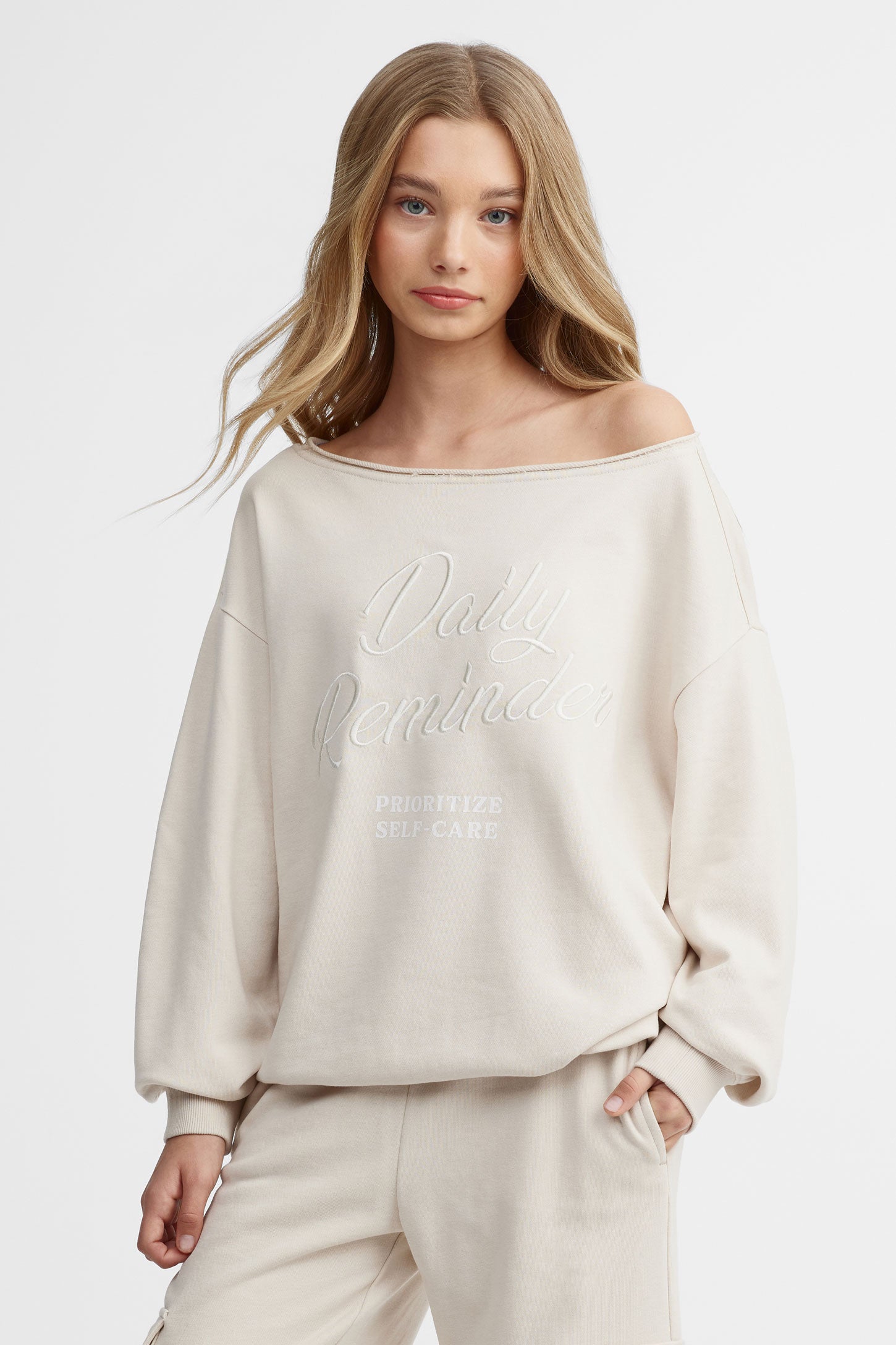 Chandail épaules dénudées coton ouaté - Ado fille && BEIGE
