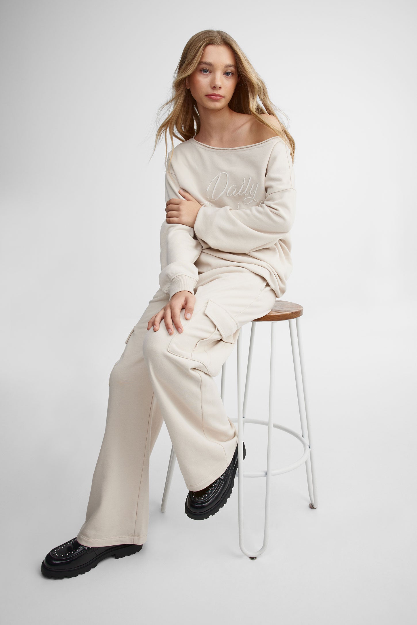Chandail épaules dénudées coton ouaté - Ado fille && BEIGE