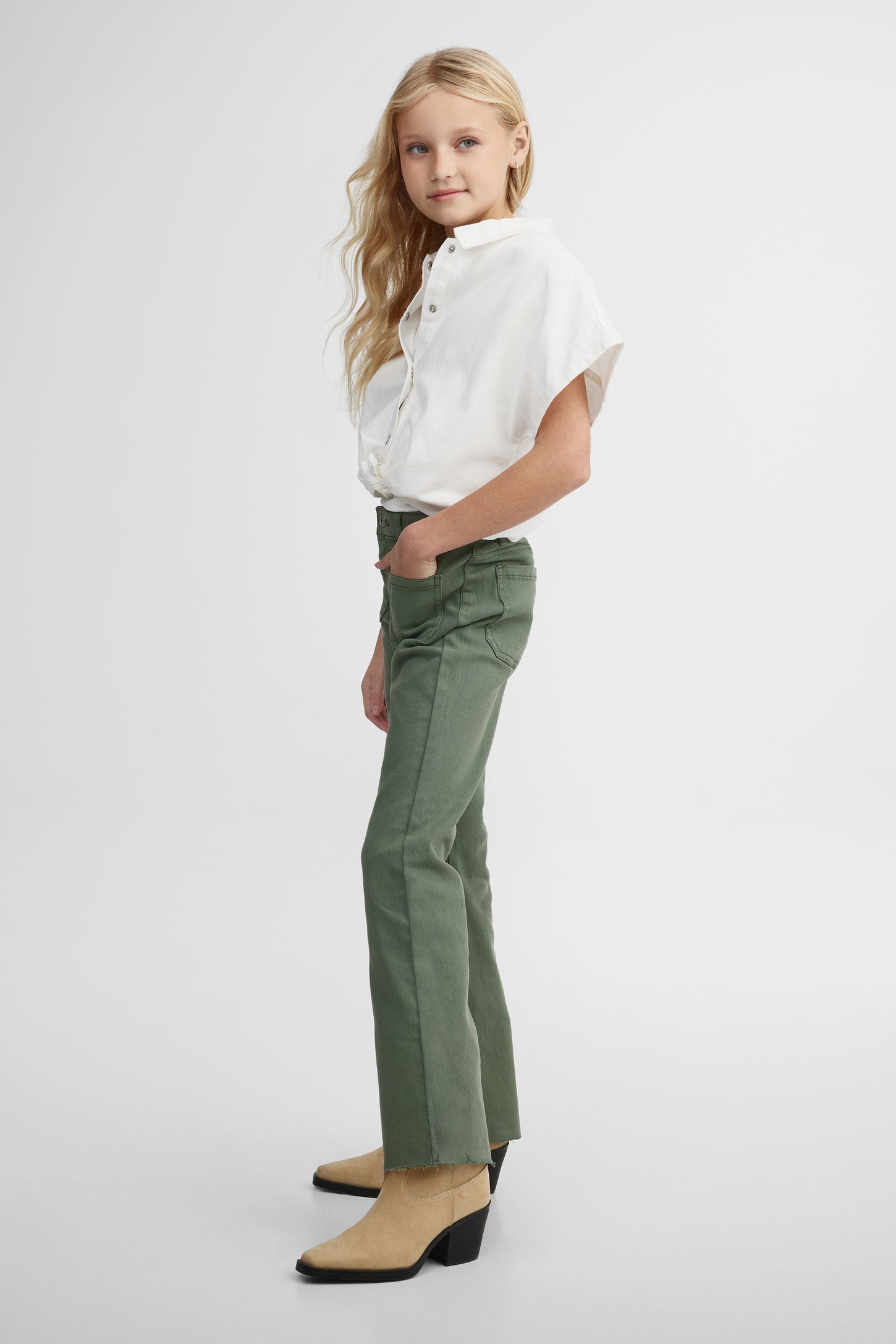 Chemisier manches courtes nouée en jeans - Ado fille && BLANC