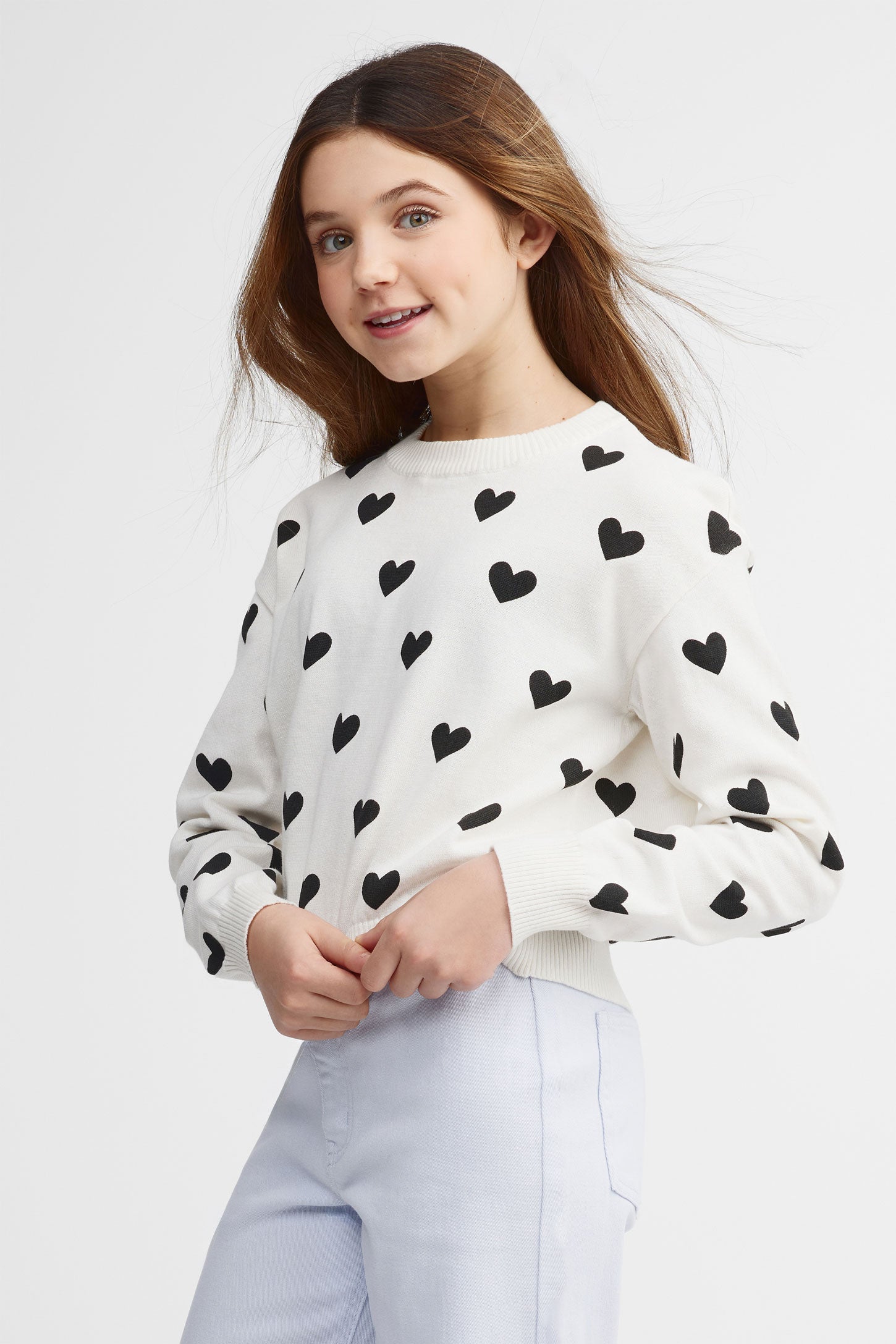 Chandail col rond tricot jacquard - Ado fille && BLANC