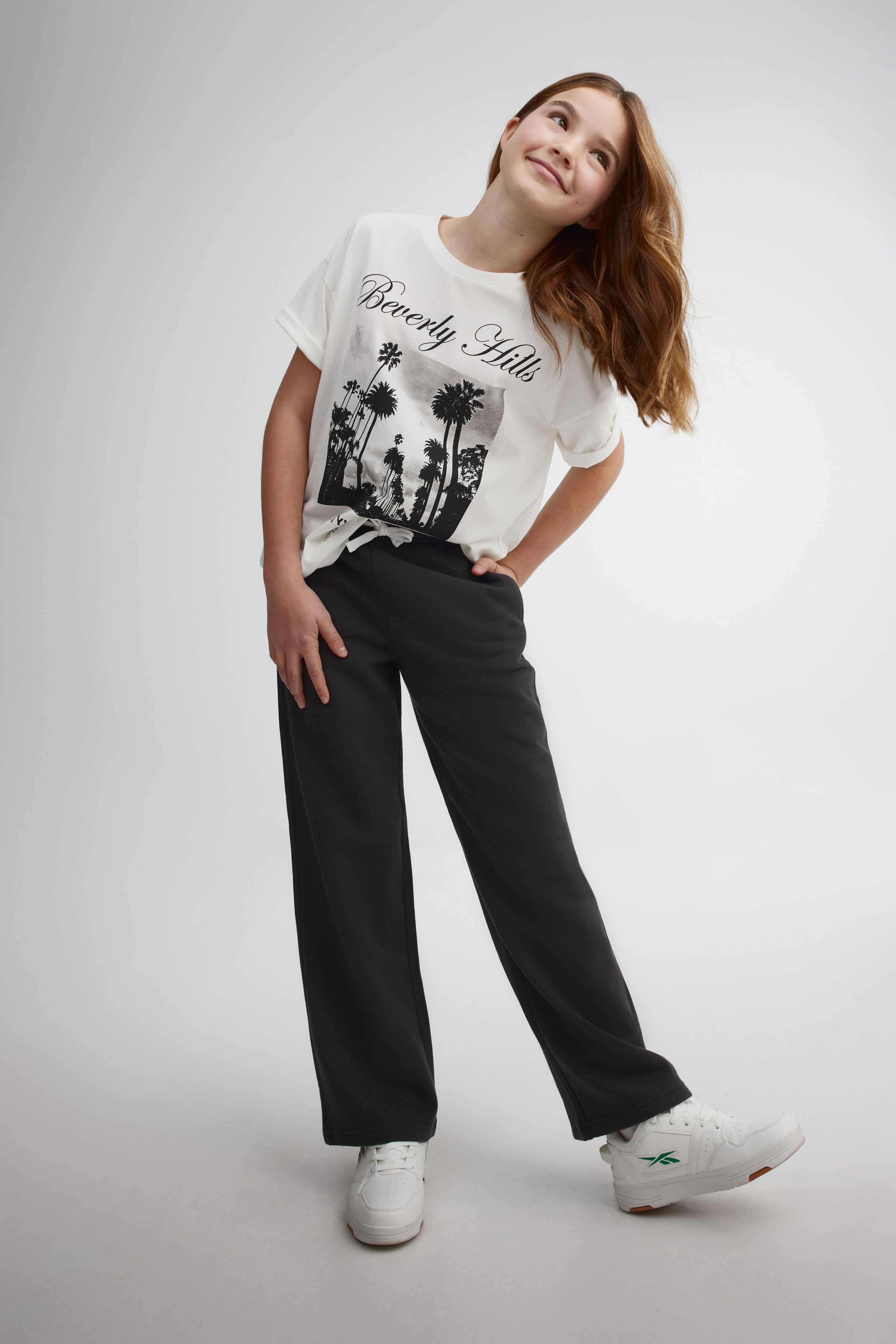 Pantalon jambe large coton ouaté - Ado fille && NOIR