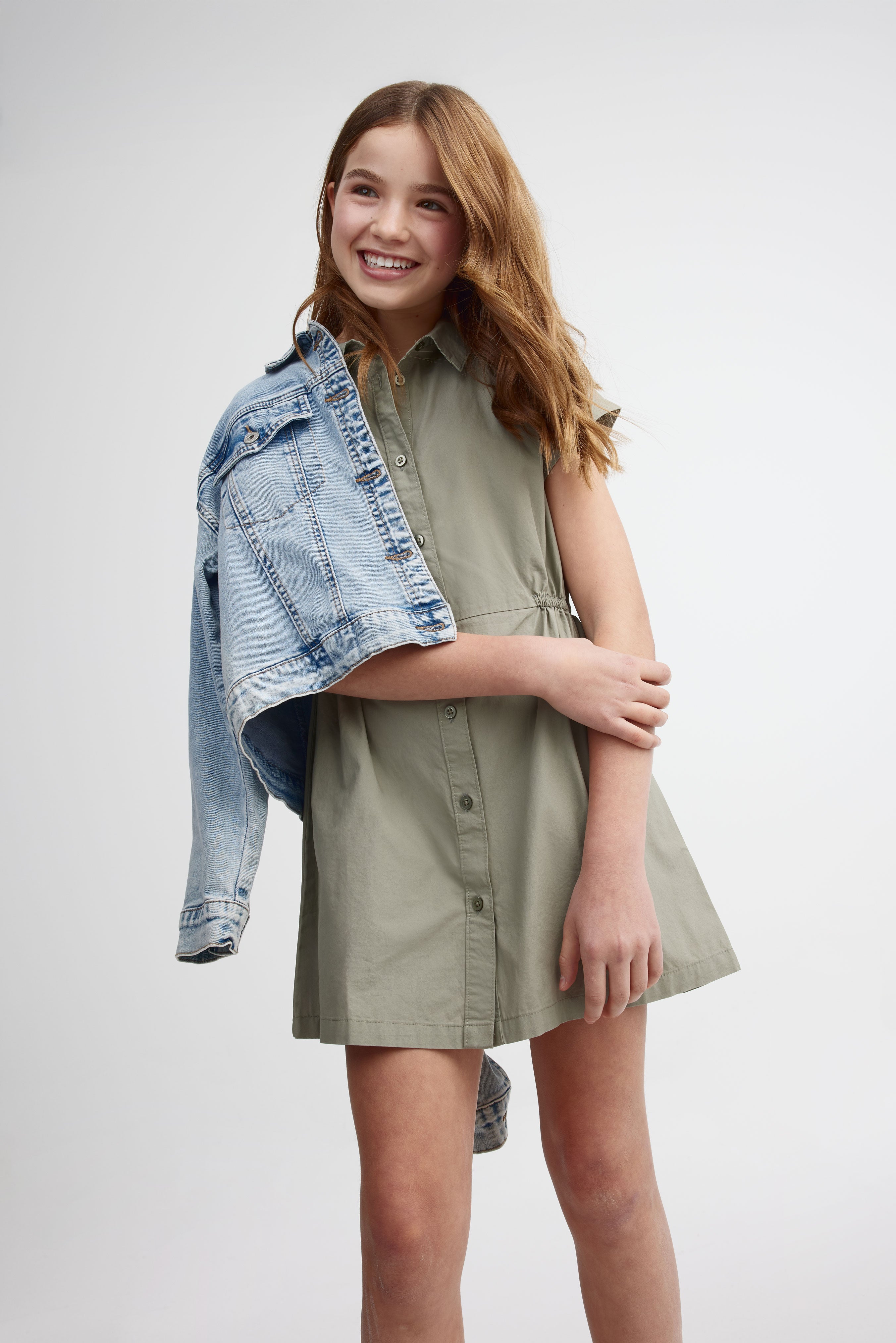 Robe-chemisier en coton - Ado fille && KAKI