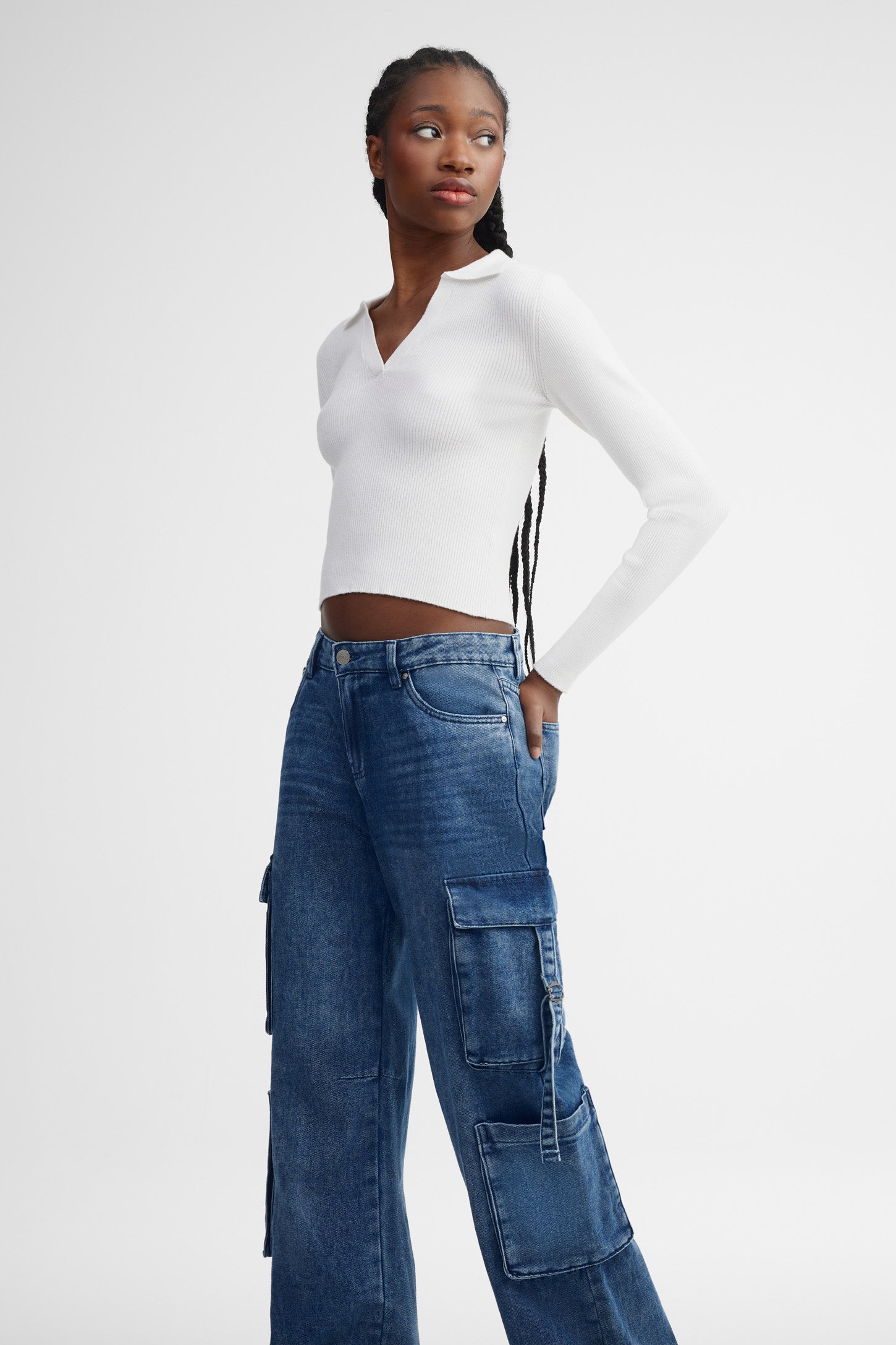 Jeans cargo coupe ample - Femme && DENIM MOYEN