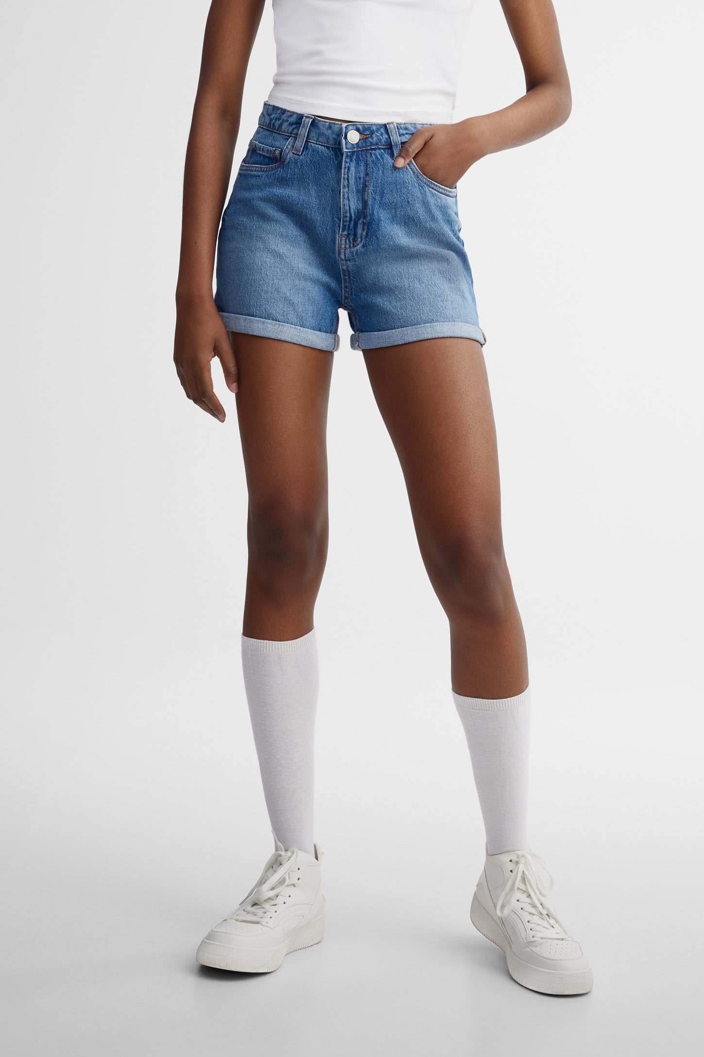 Short ''Mom'' taille haute en jeans - Femme && DENIM MOYEN