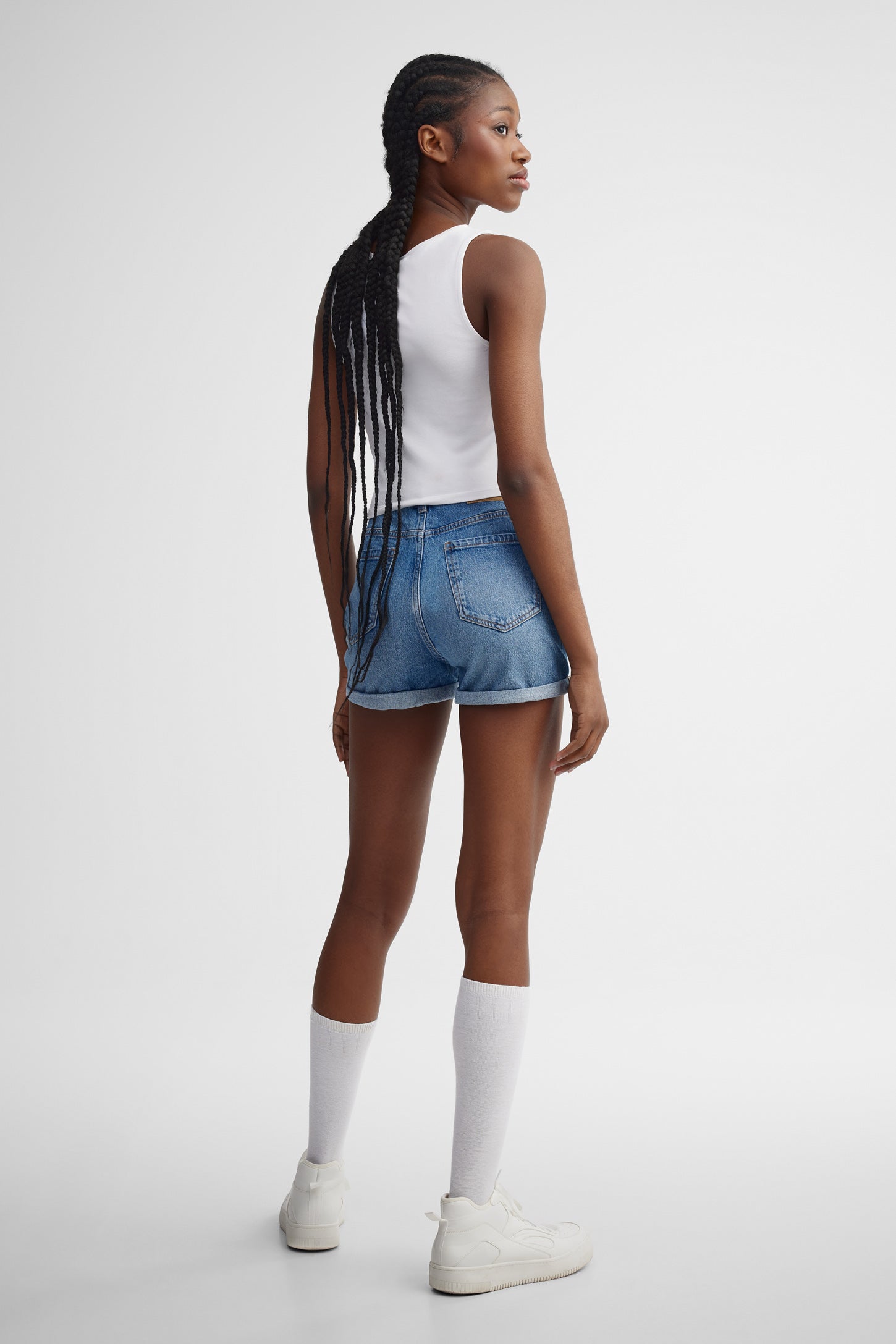 Short ''Mom'' taille haute en jeans - Femme && DENIM MOYEN