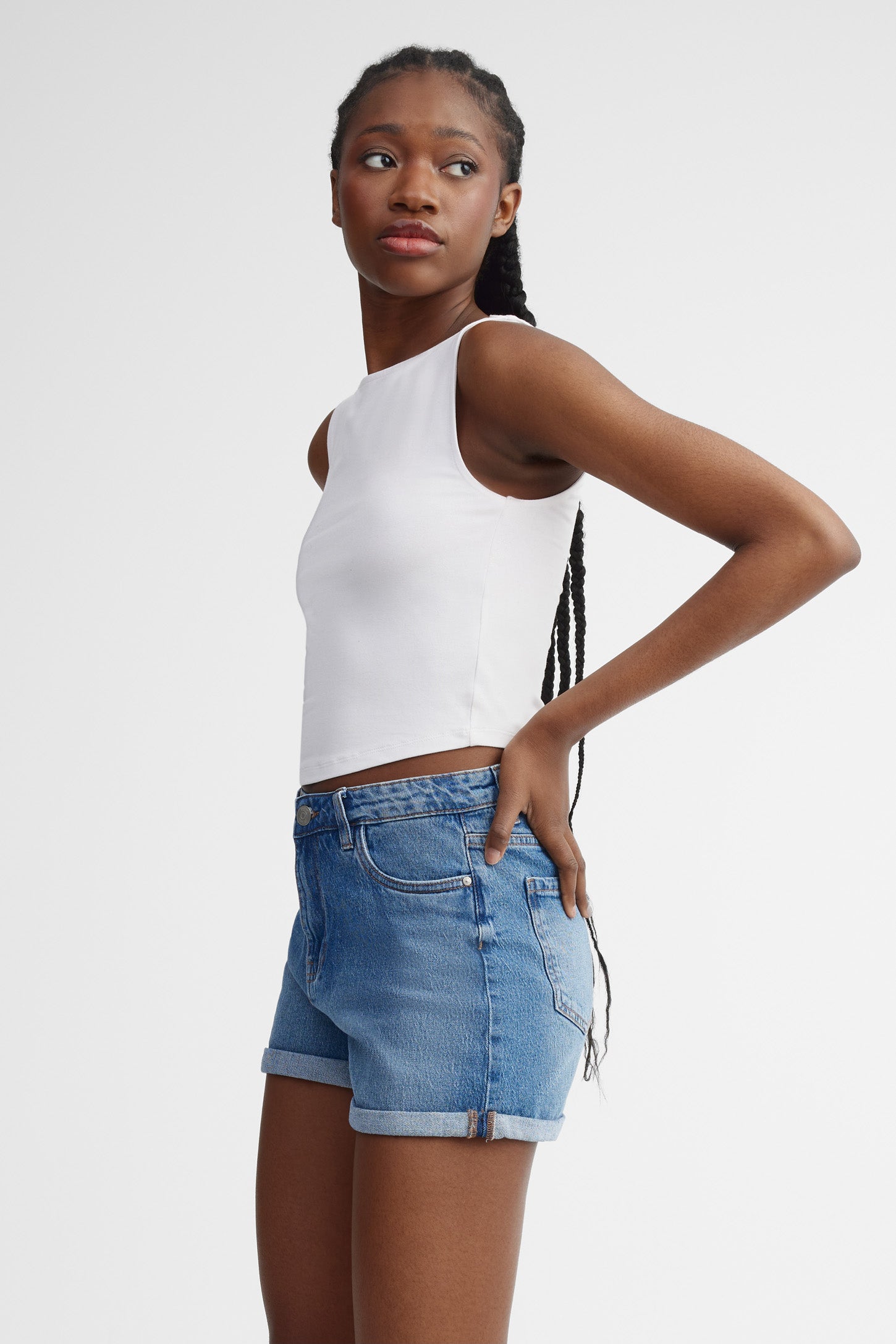 Short ''Mom'' taille haute en jeans - Femme && DENIM MOYEN