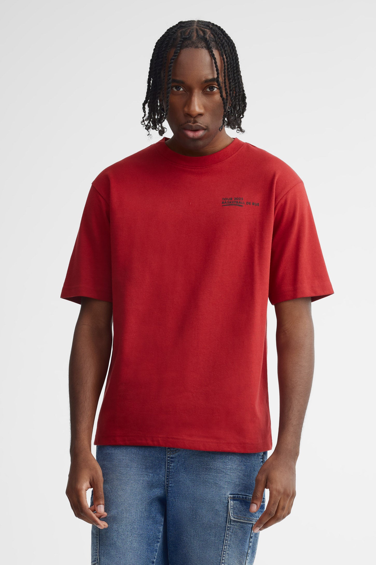 T-shirt col rond coupe ample coton - Homme && ROUGE/MULTI