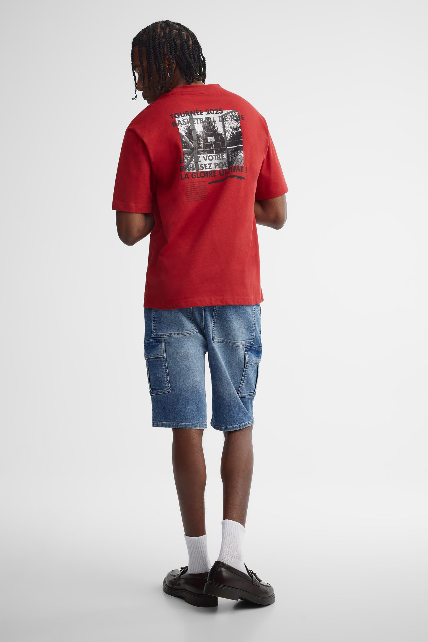 T-shirt col rond coupe ample coton - Homme && ROUGE/MULTI