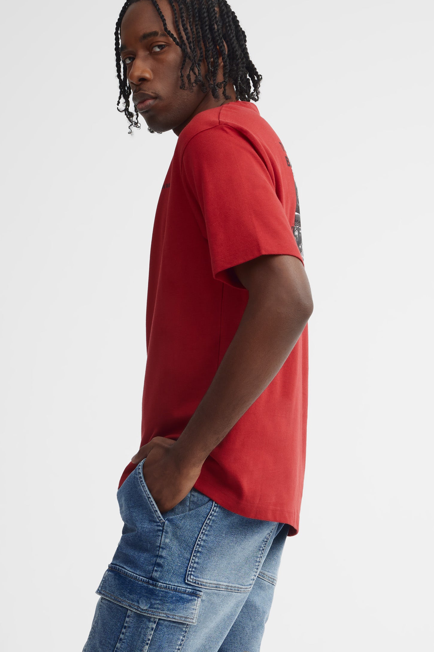 T-shirt col rond coupe ample coton - Homme && ROUGE/MULTI
