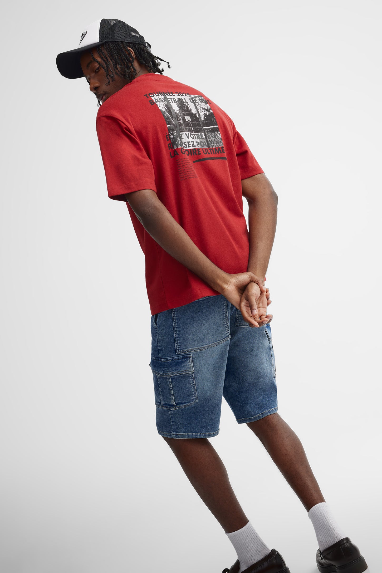 T-shirt col rond coupe ample coton - Homme && ROUGE/MULTI