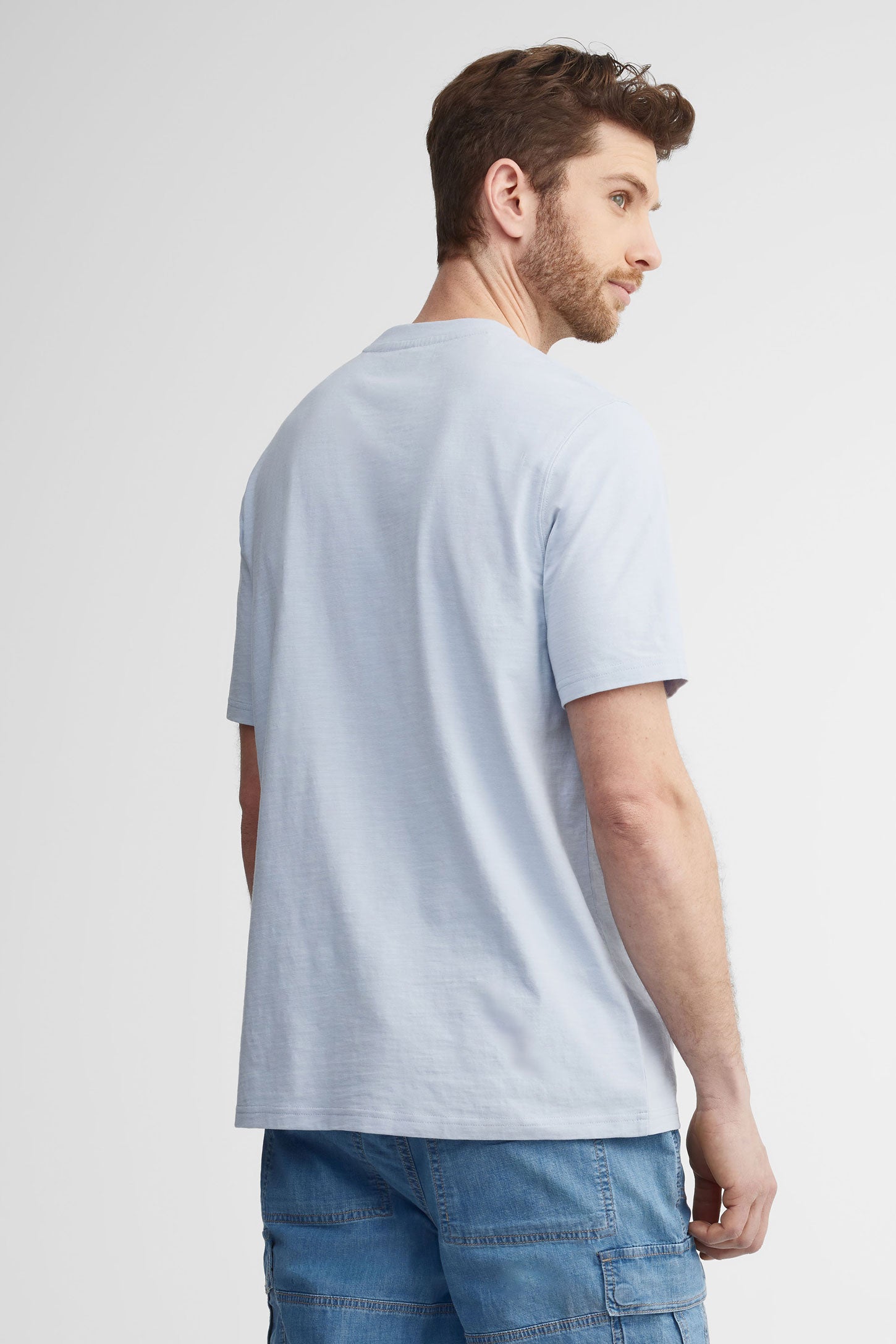 T-shirt col rond imprimé en coton - Homme && BLEU PALE