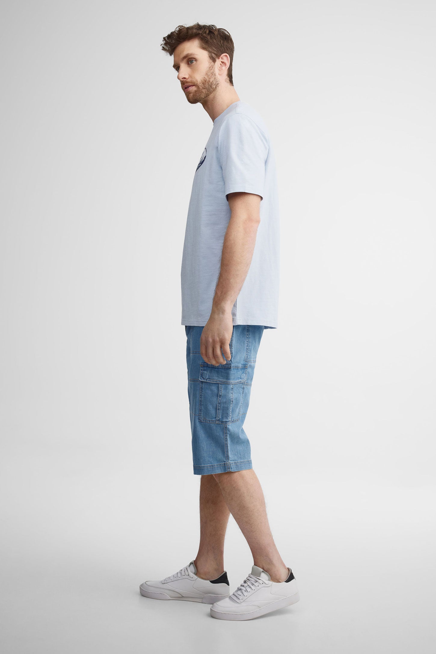 T-shirt col rond imprimé en coton - Homme && BLEU PALE