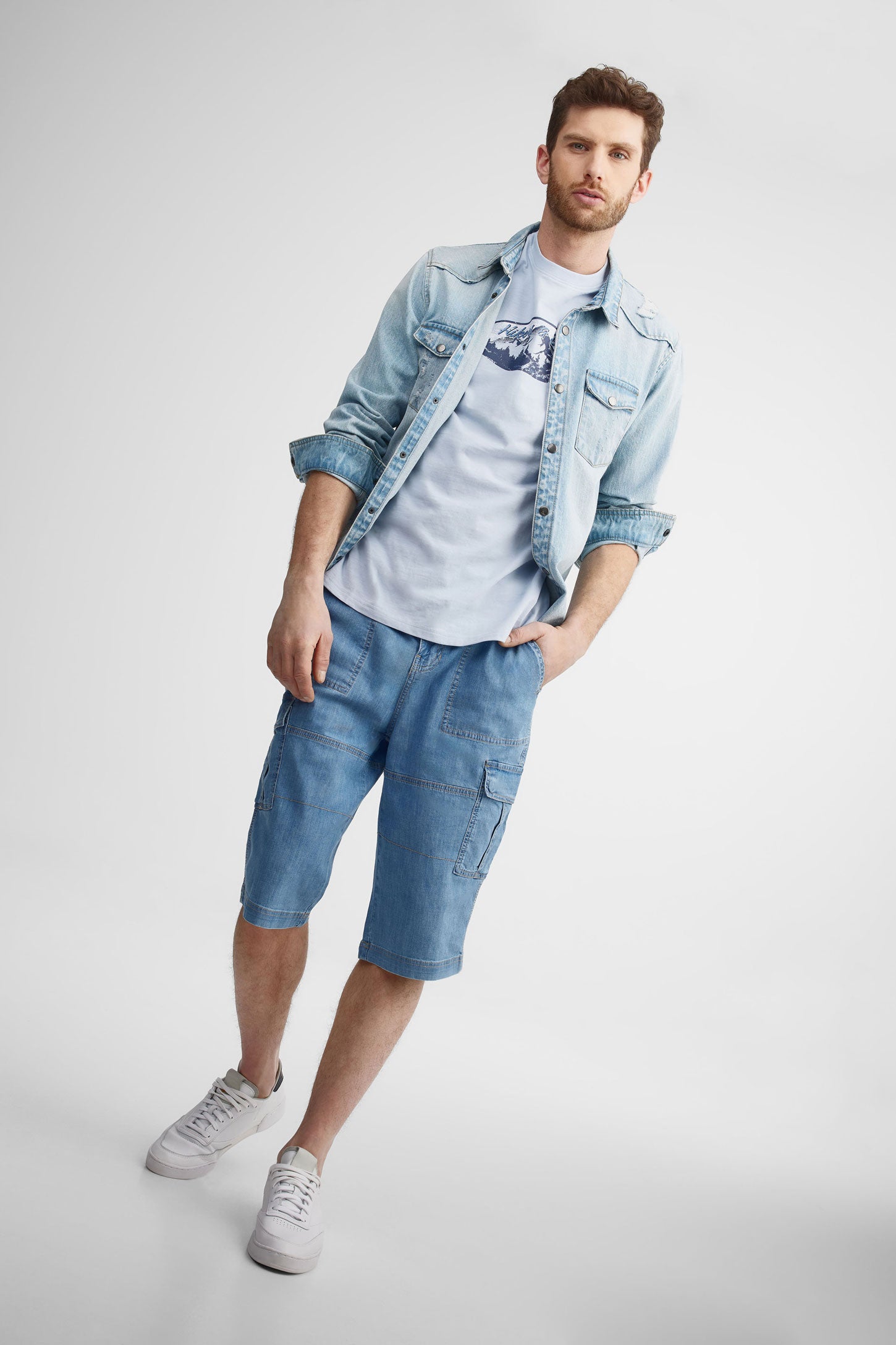T-shirt col rond imprimé en coton - Homme && BLEU PALE