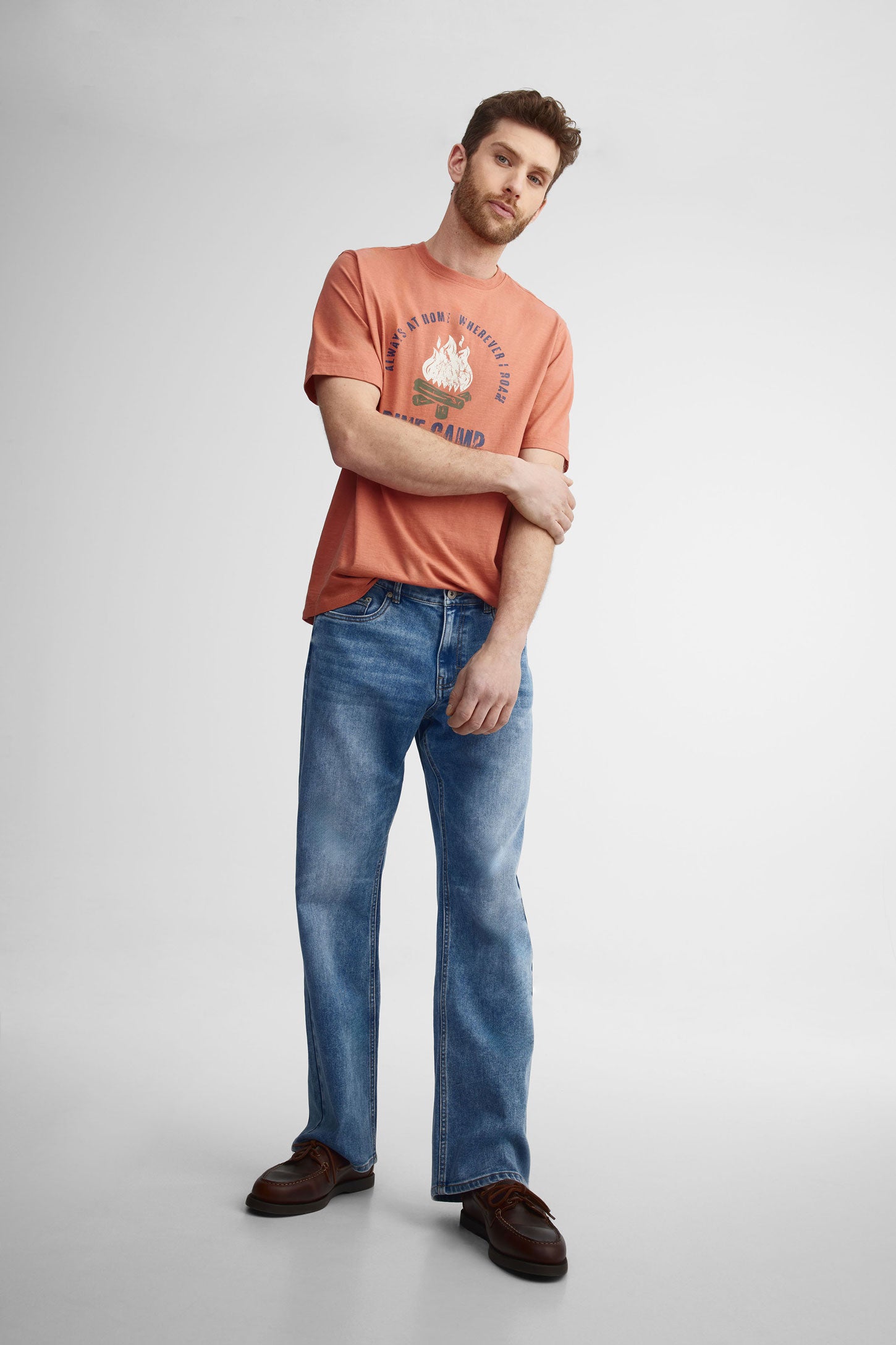 T-shirt col rond imprimé en coton - Homme && ORANGE