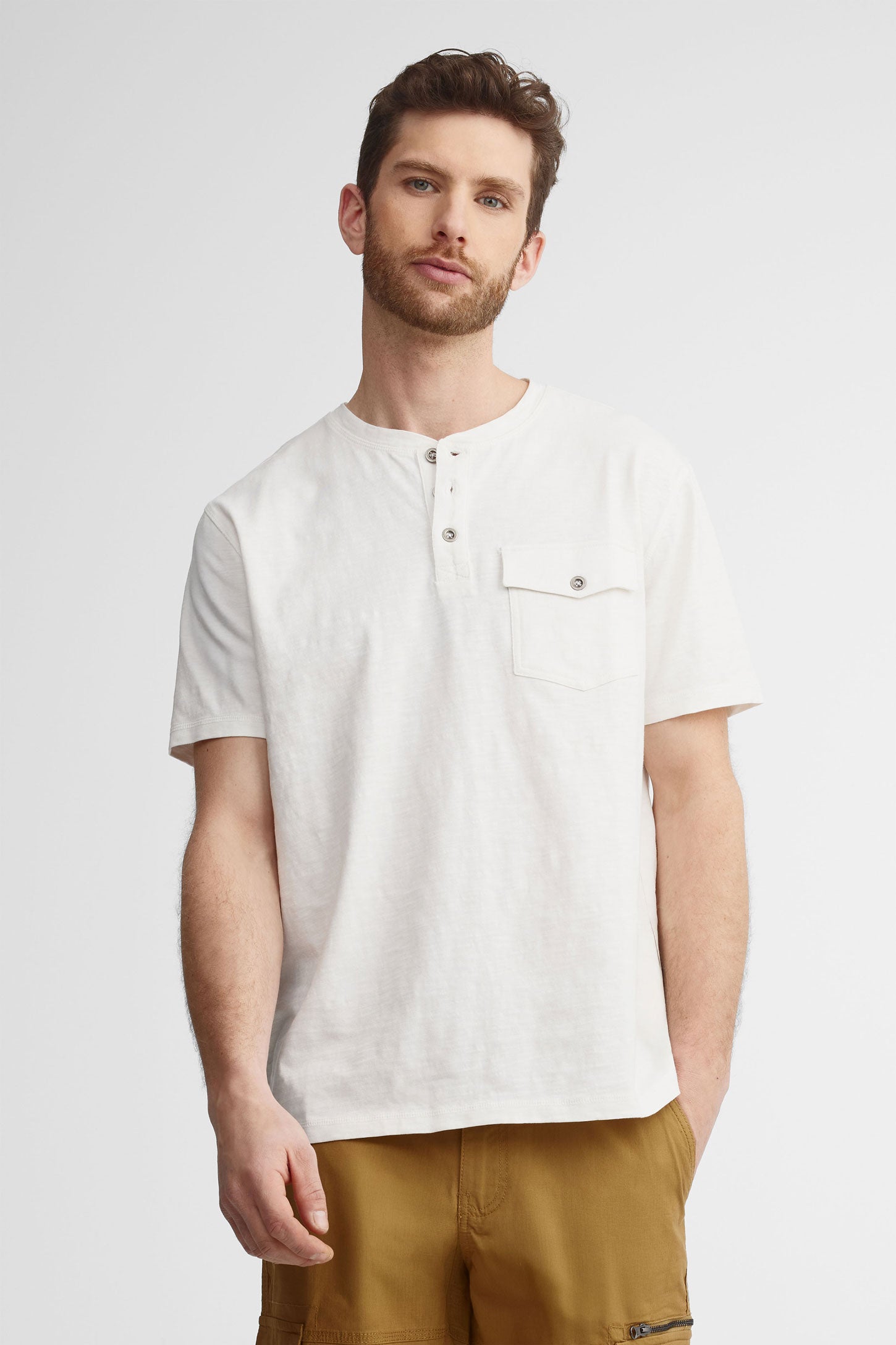 T-shirt henley en coton - Homme && BLANC CASSÉ