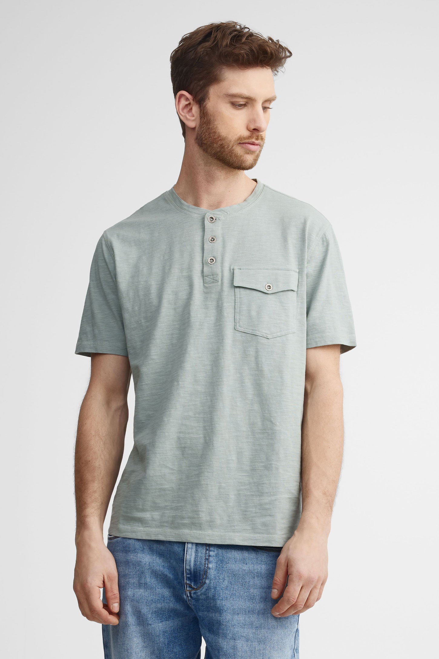 T-shirt henley en coton - Homme && VERT DE GRIS