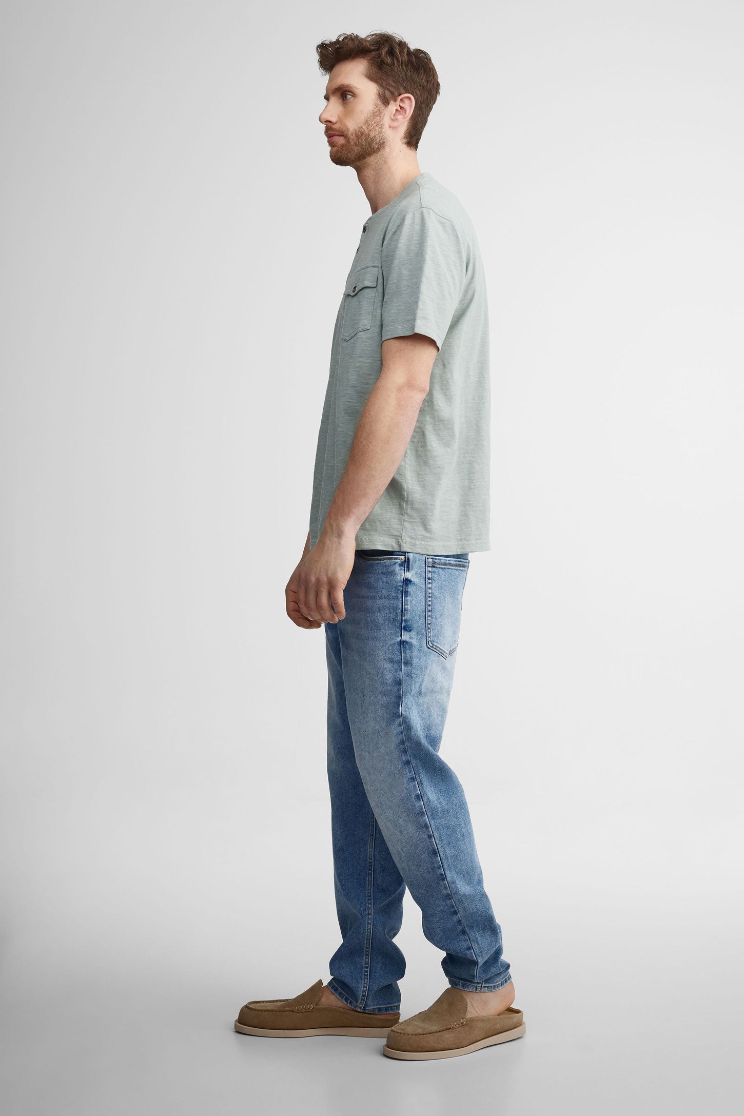 T-shirt henley en coton - Homme && VERT DE GRIS