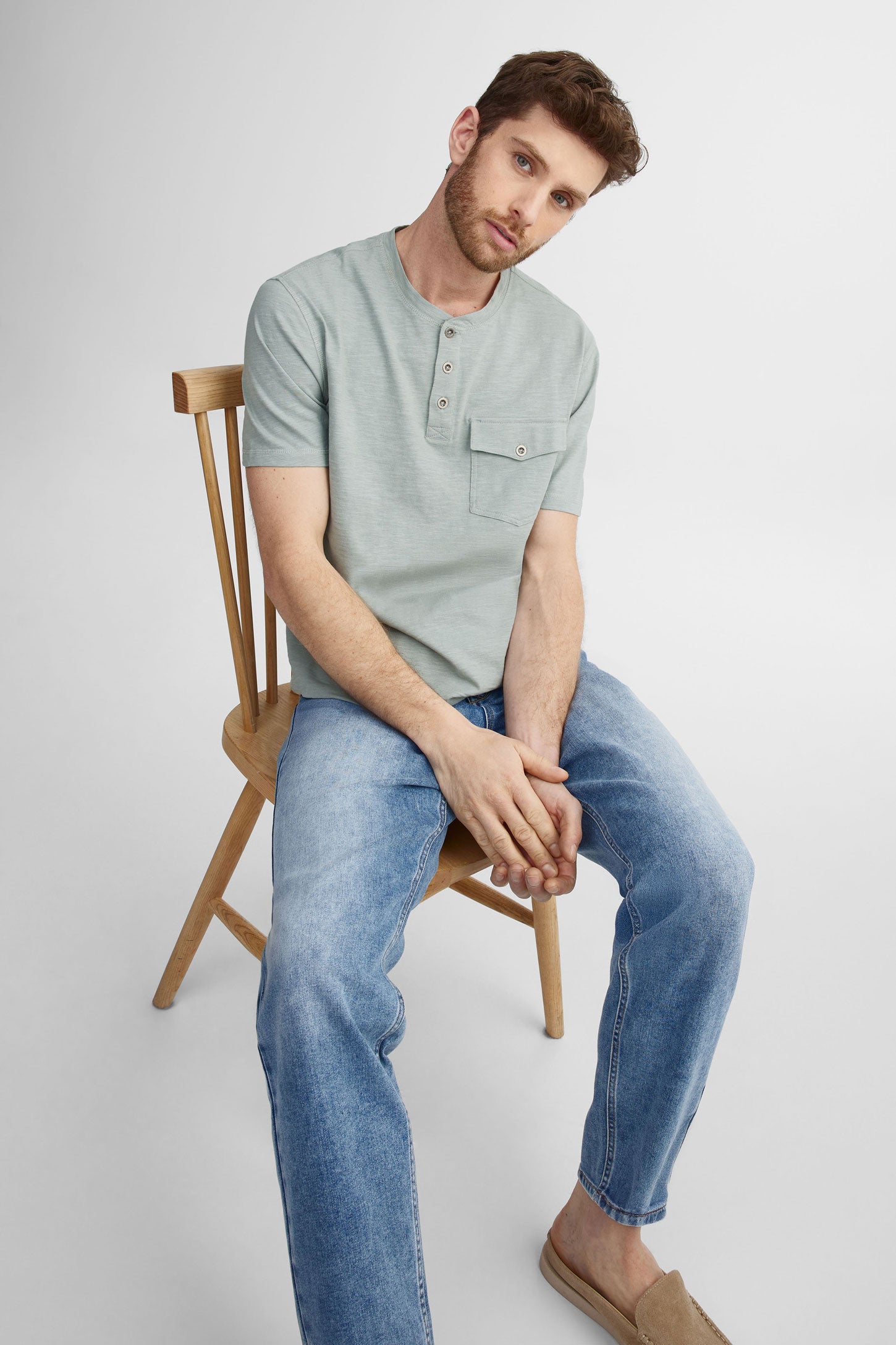 T-shirt henley en coton - Homme && VERT DE GRIS
