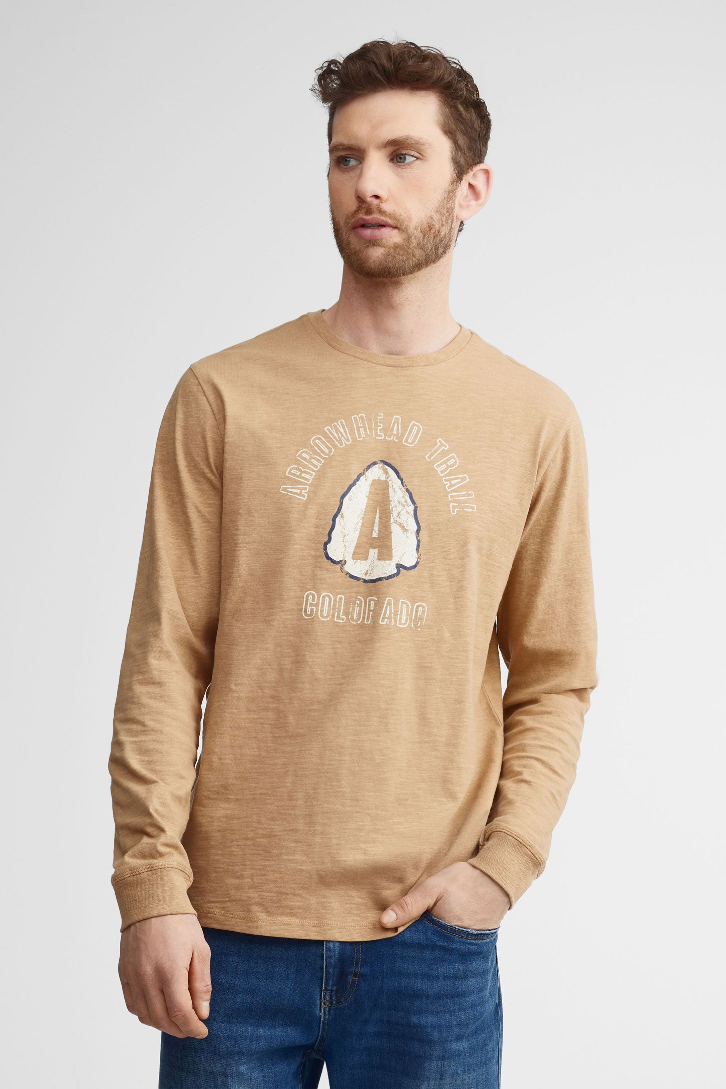 Chandail col rond manches longues coton - Homme && BRUN