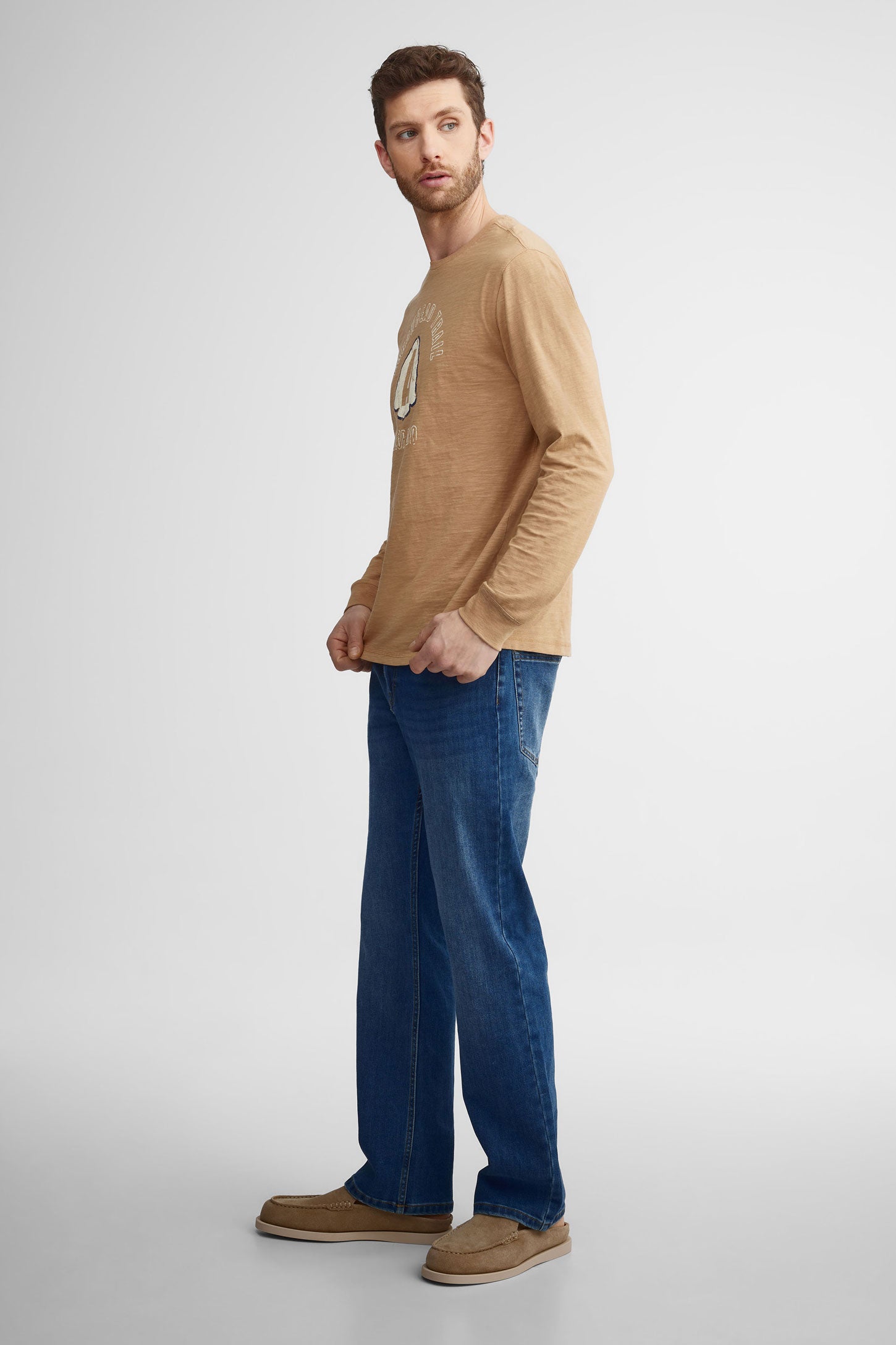 Chandail col rond manches longues coton - Homme && BRUN
