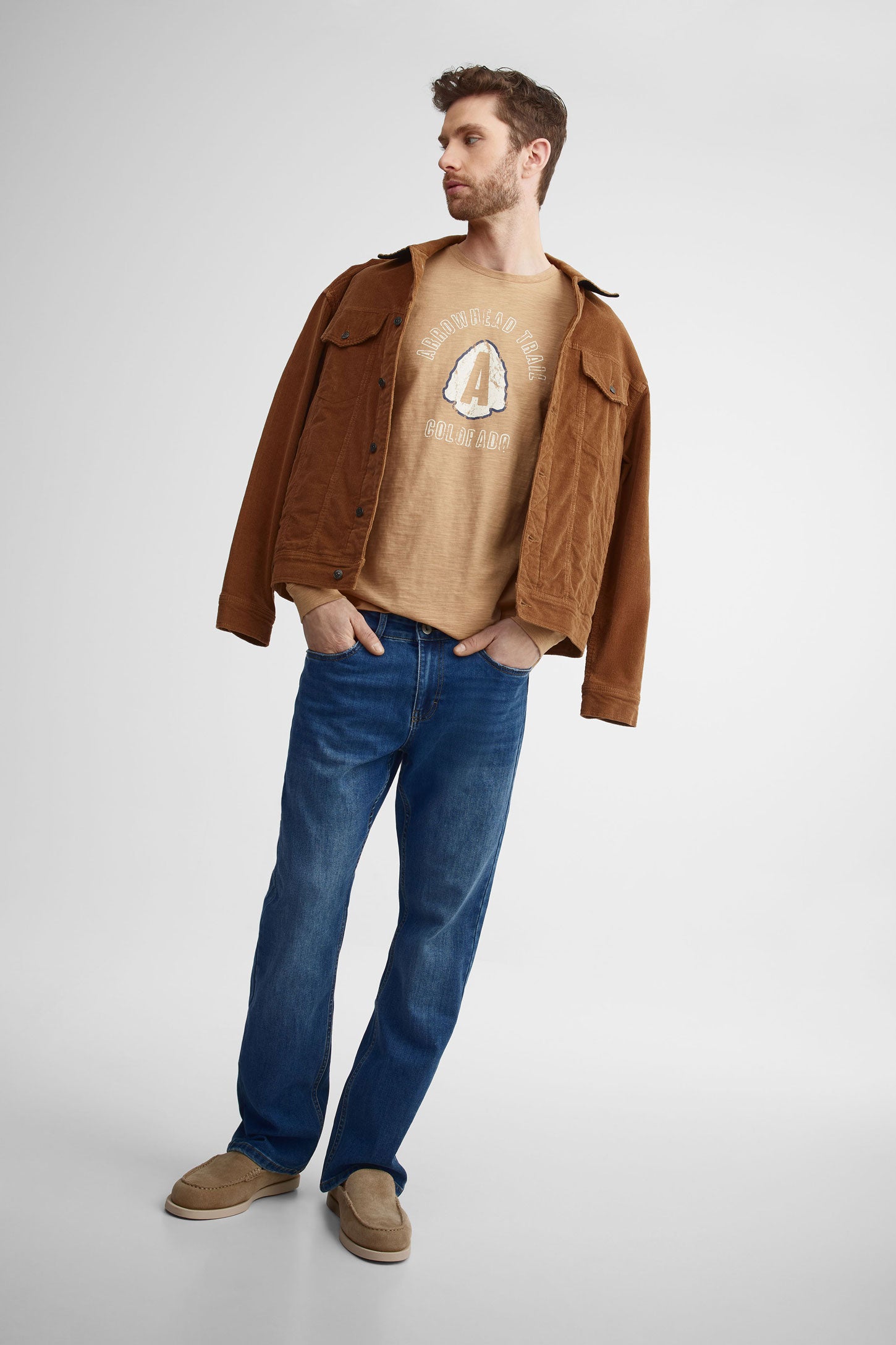 Chandail col rond manches longues coton - Homme && BRUN