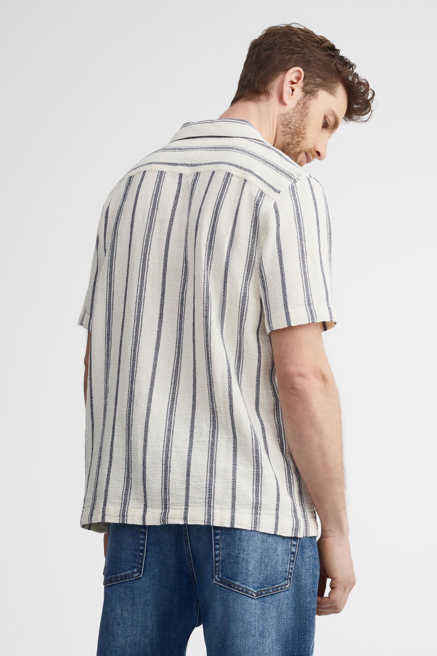 Chemise manches courtes rayée en coton - Homme && BLANC CASSÉ/MULTI