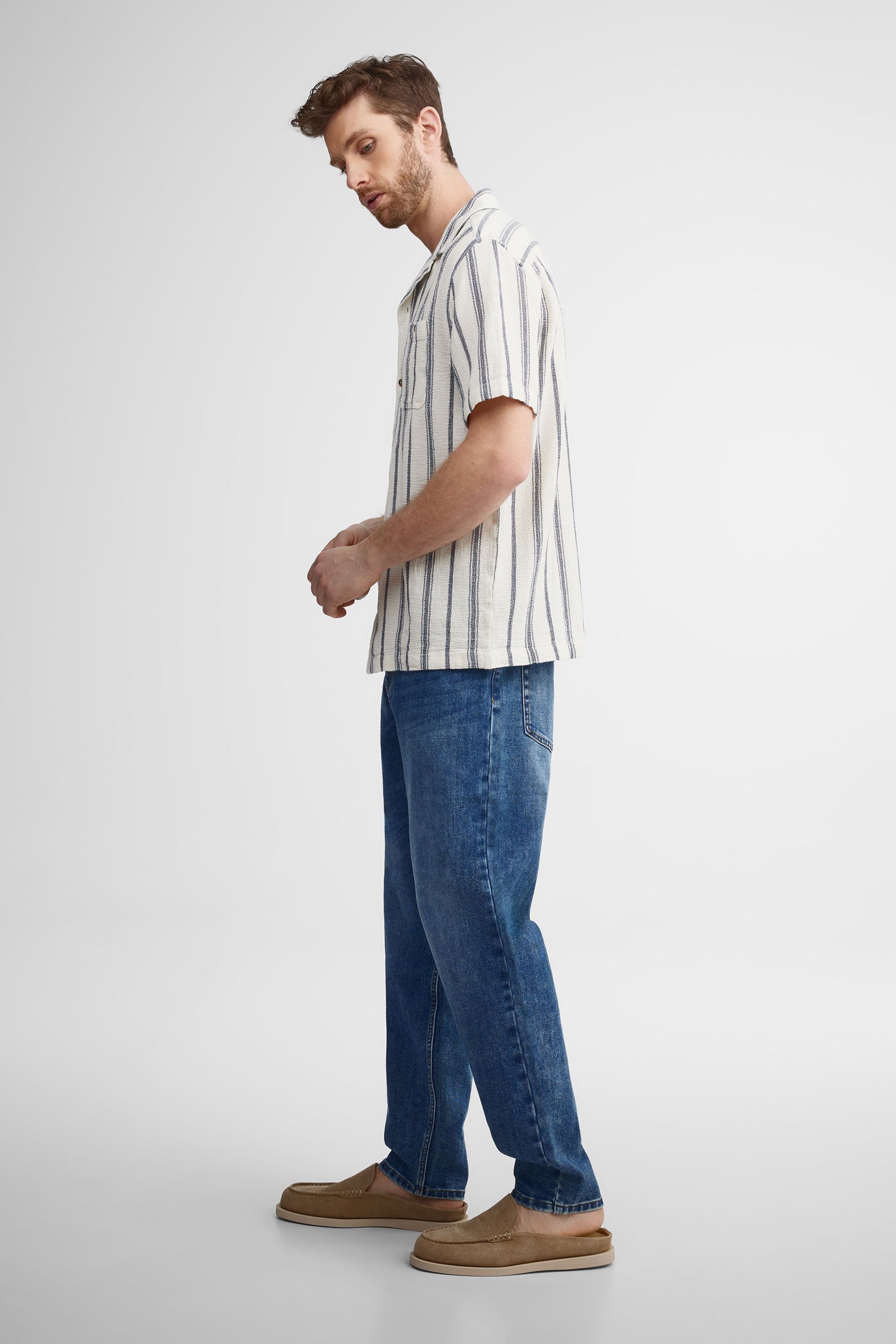 Chemise manches courtes rayée en coton - Homme && BLANC CASSÉ/MULTI
