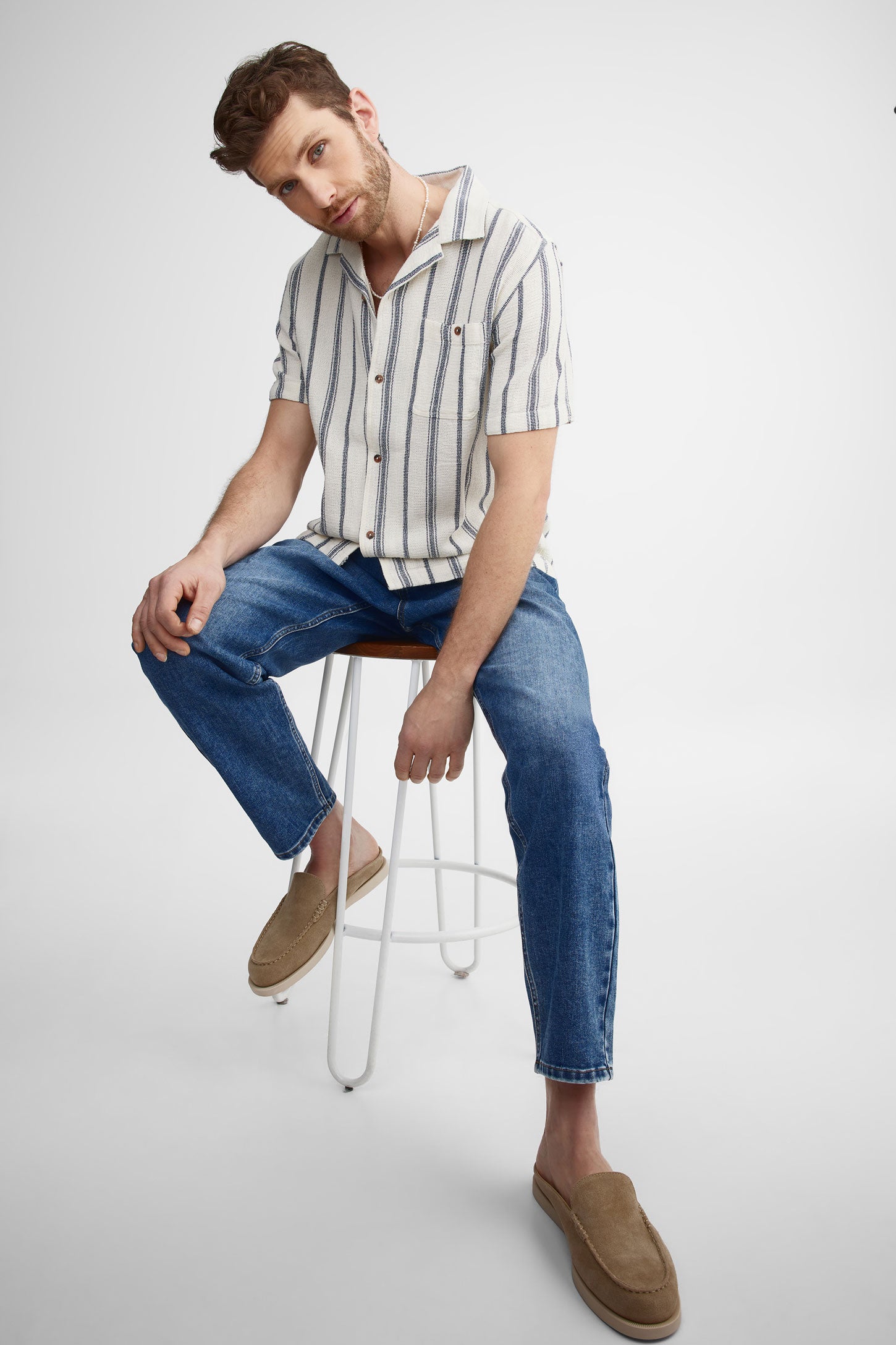 Chemise manches courtes rayée en coton - Homme && BLANC CASSÉ/MULTI