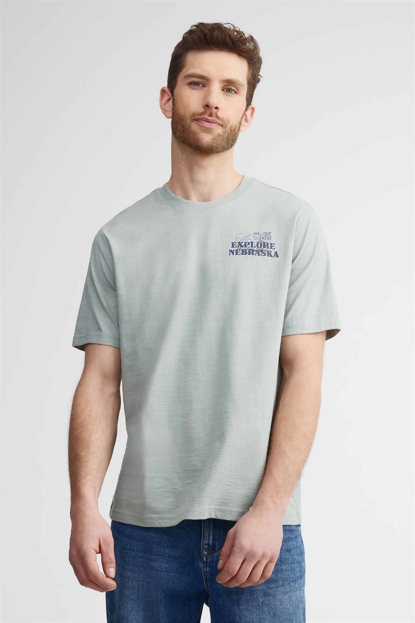 T-shirt col rond en coton - Homme && VERT DE GRIS