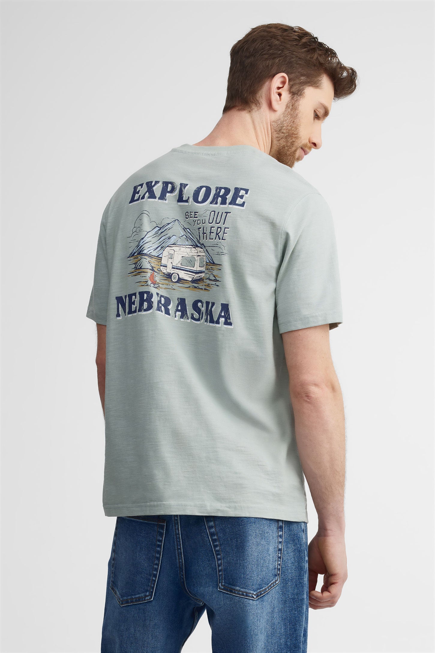 T-shirt col rond en coton - Homme && VERT DE GRIS
