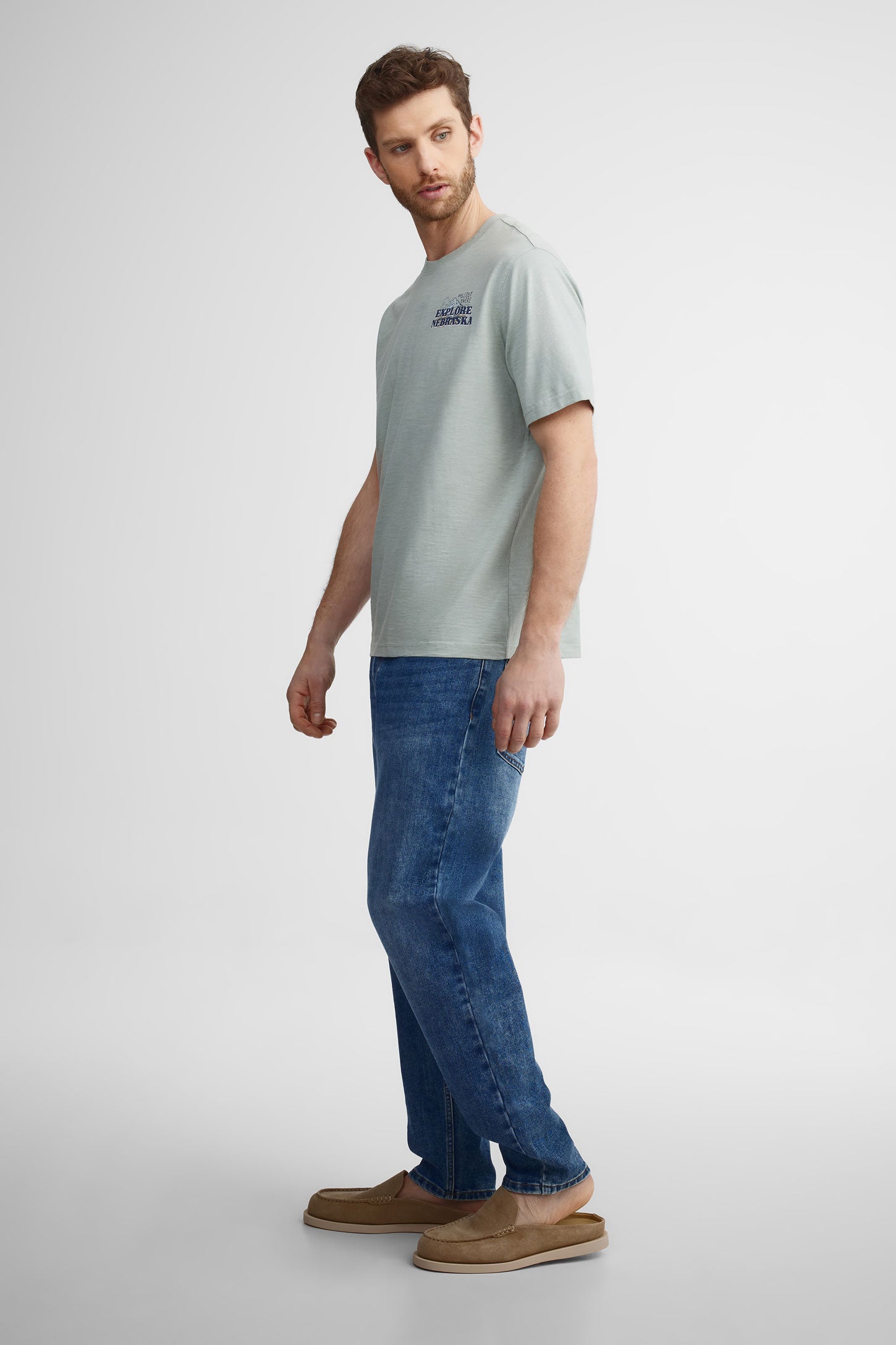 T-shirt col rond en coton - Homme && VERT DE GRIS