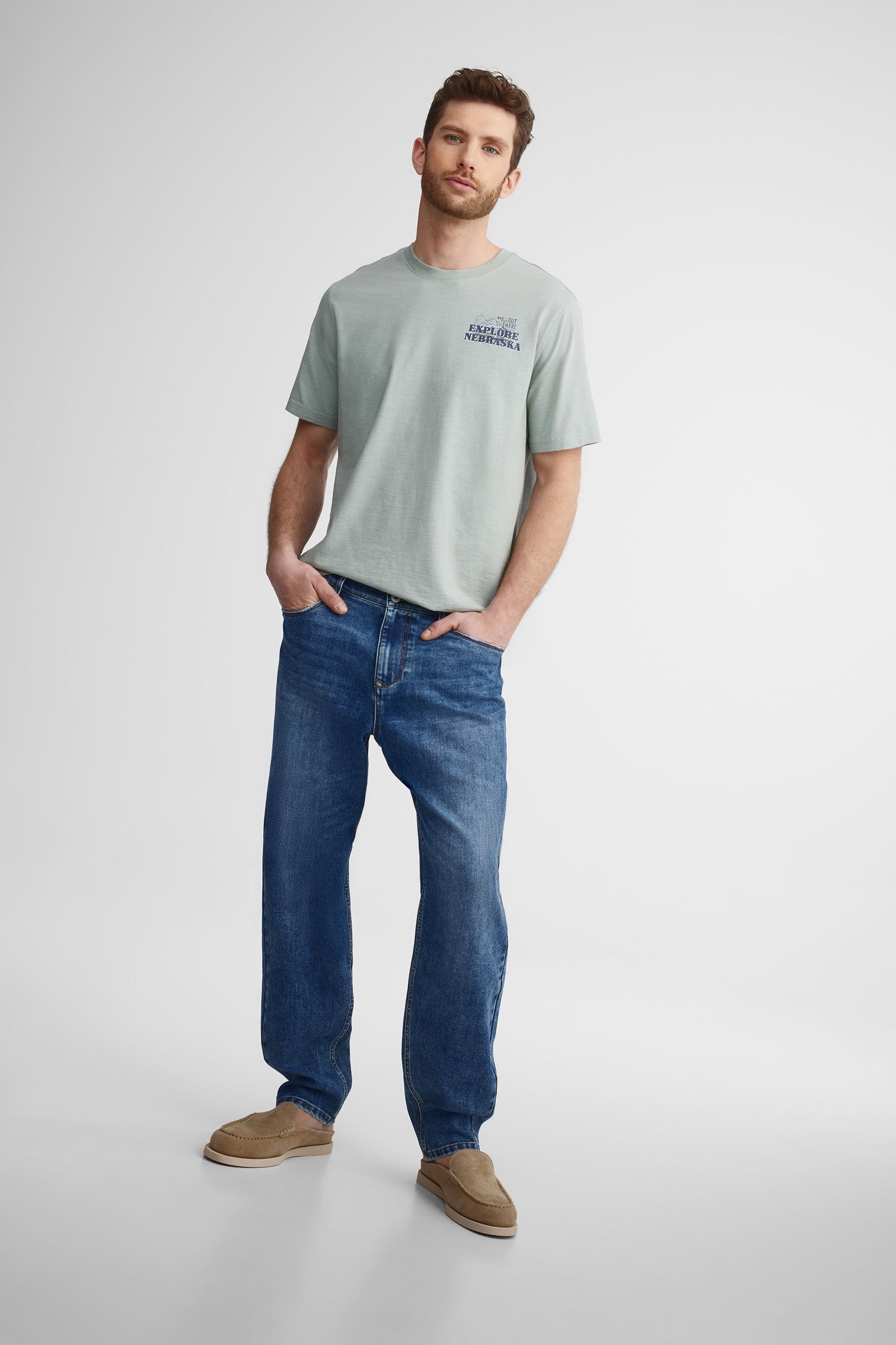 T-shirt col rond en coton - Homme && VERT DE GRIS