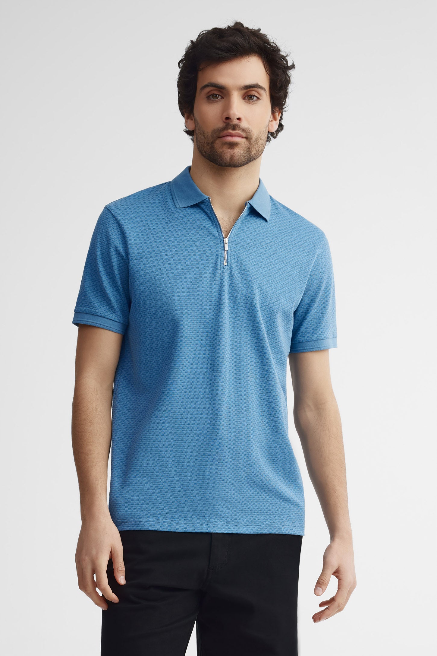 Polo manches courtes tricot texturé - Homme && BLEU