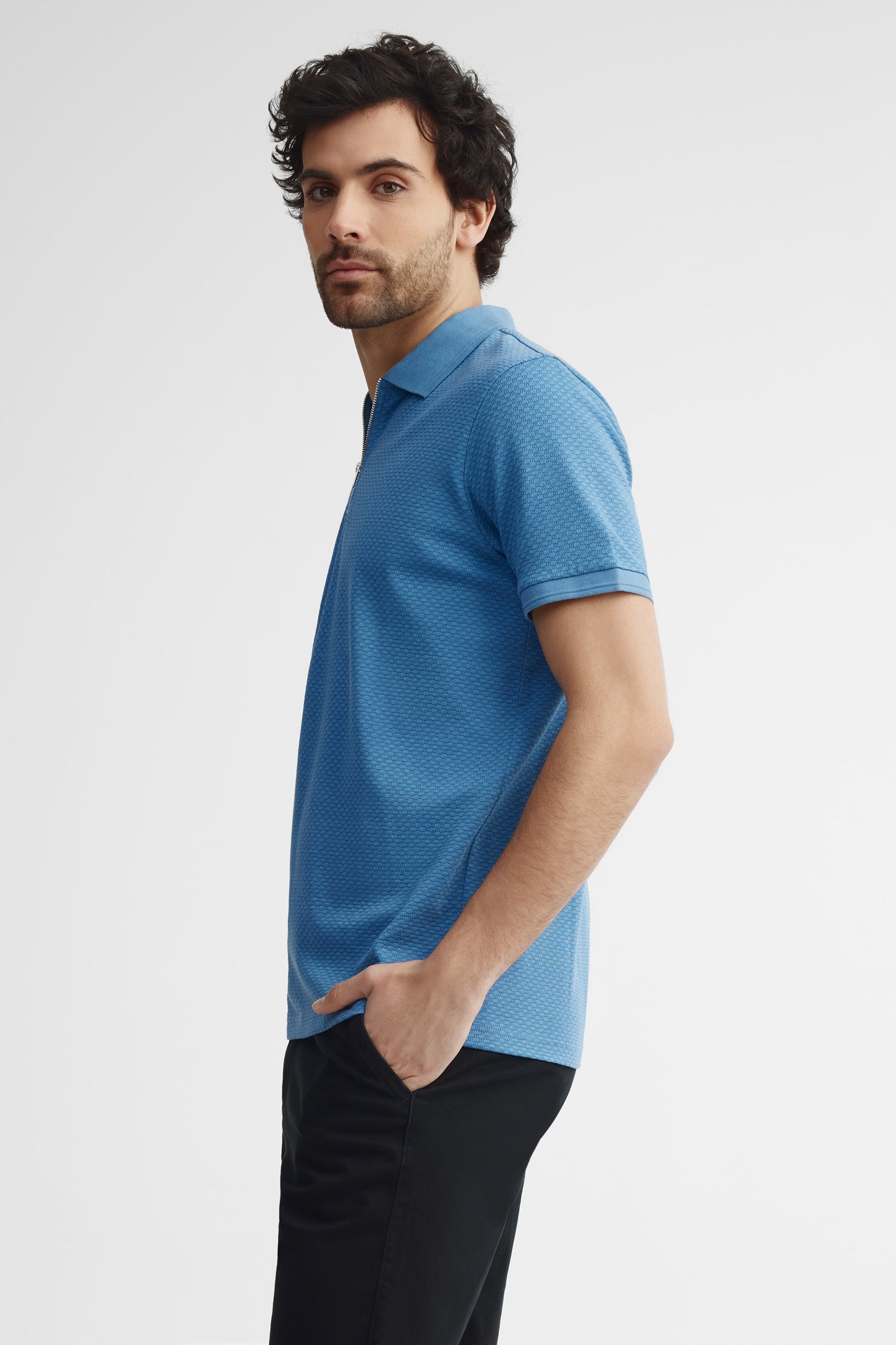 Polo manches courtes tricot texturé - Homme && BLEU