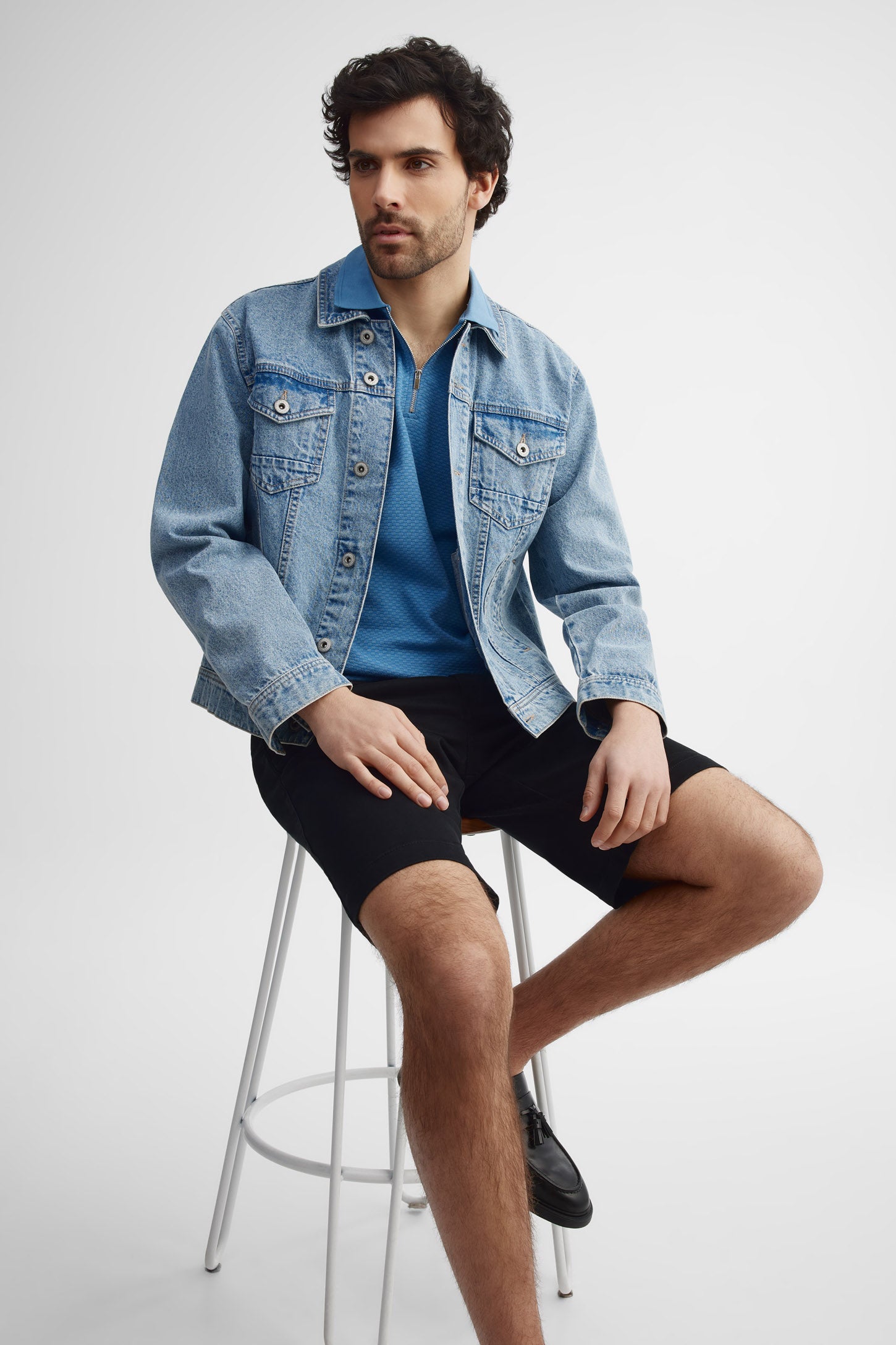 Polo manches courtes tricot texturé - Homme && BLEU