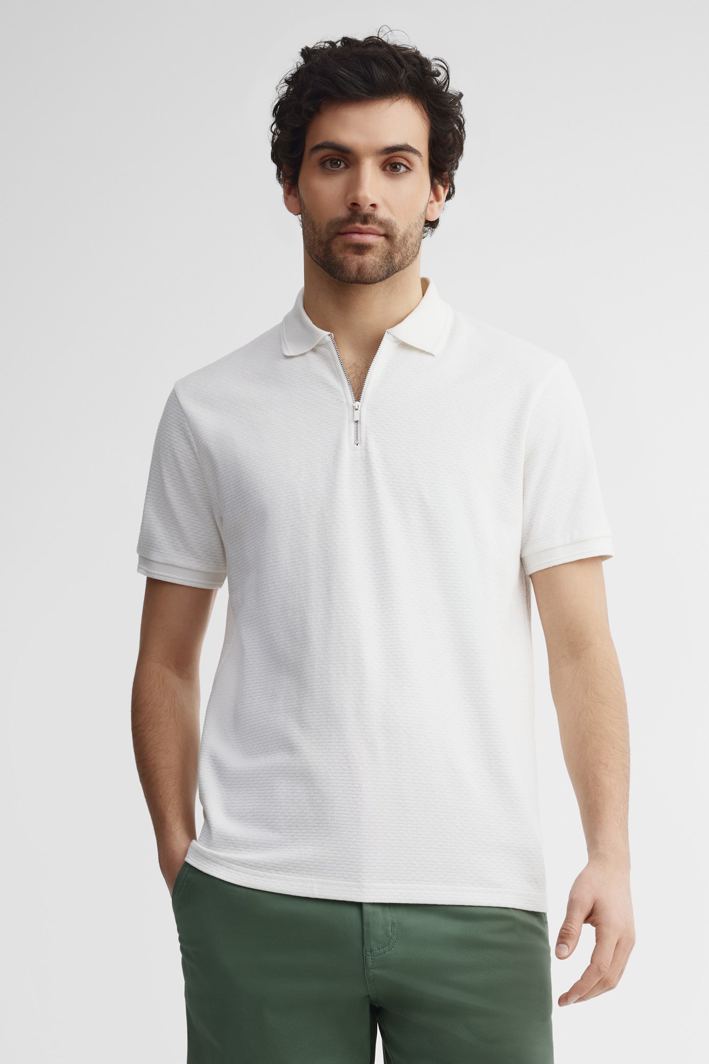 Polo manches courtes tricot texturé - Homme && BLANC CASSÉ