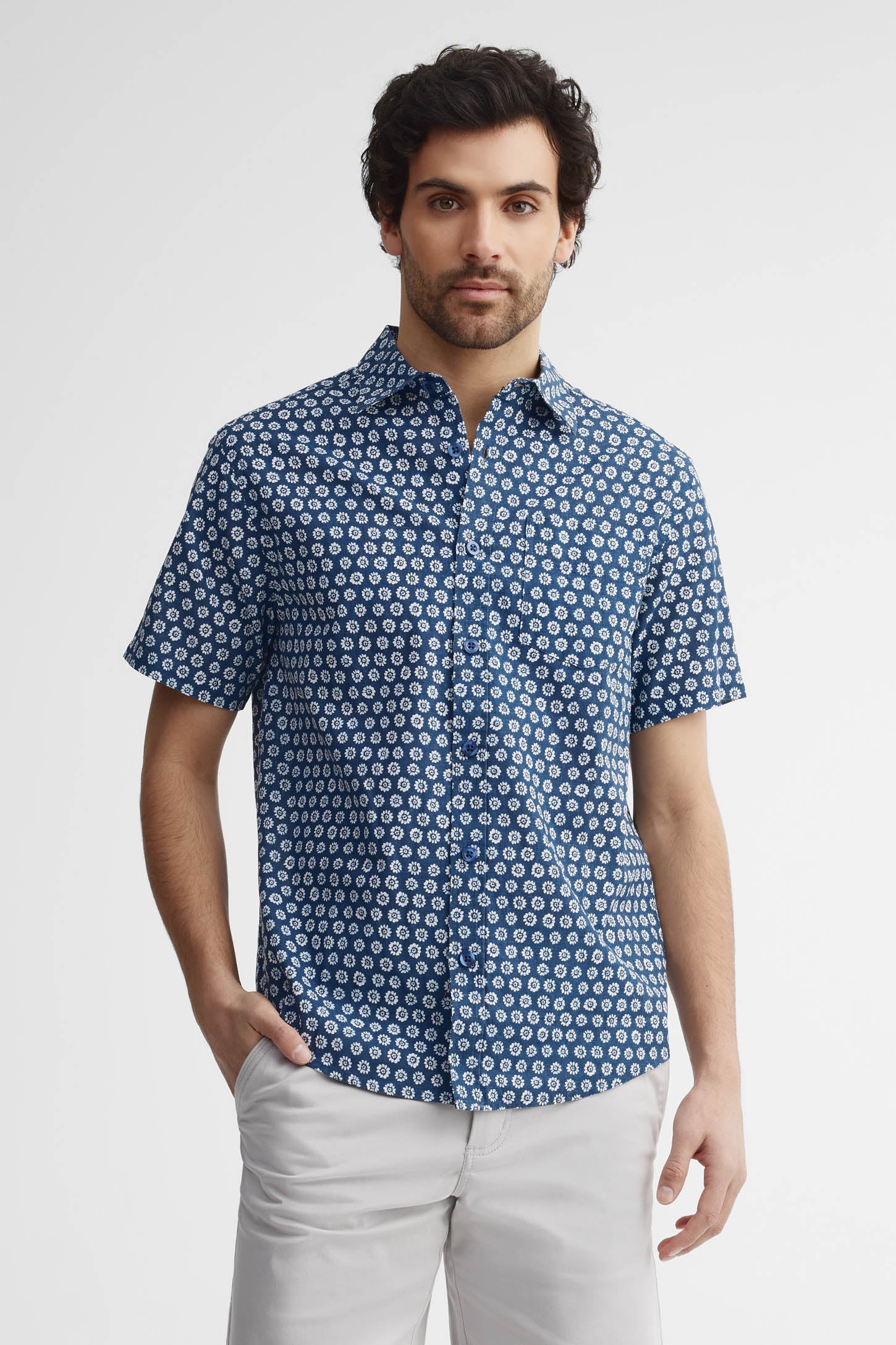 Chemise manches courtes imprimée - Homme && BLEU MARINE MUL