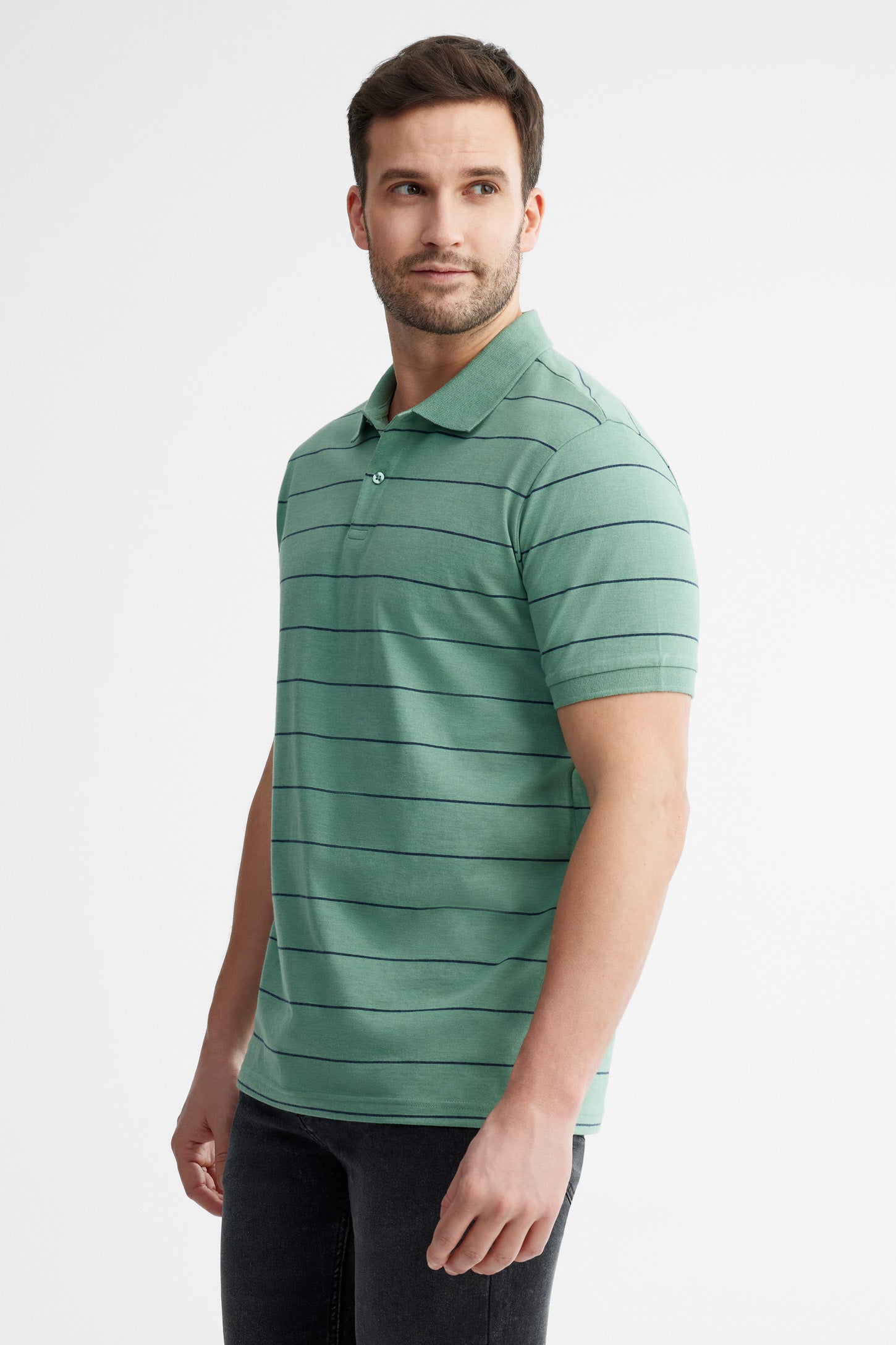 Polo manches courtes rayé coton - Homme && VERT/MULTI