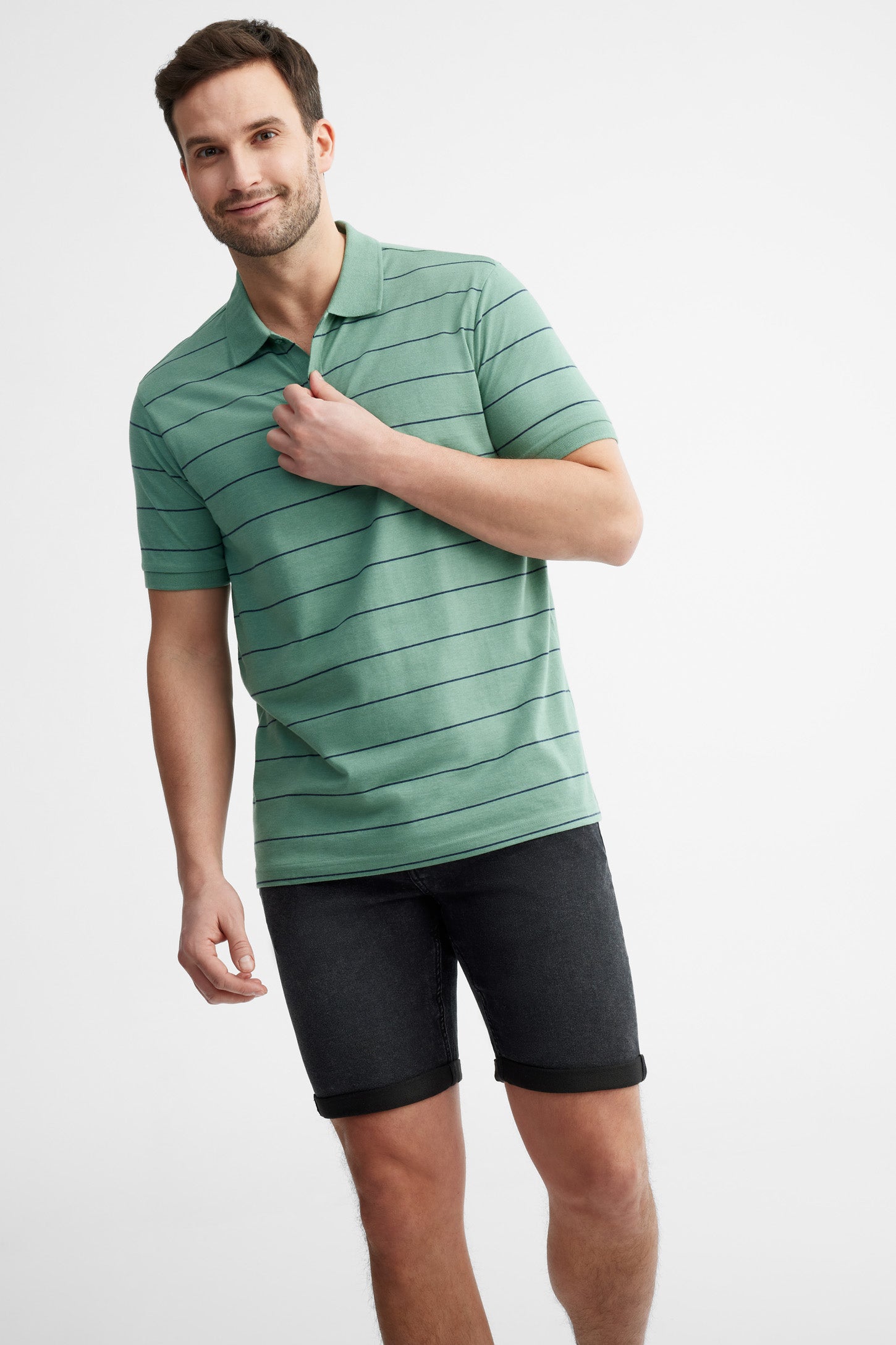Polo manches courtes rayé coton - Homme && VERT/MULTI