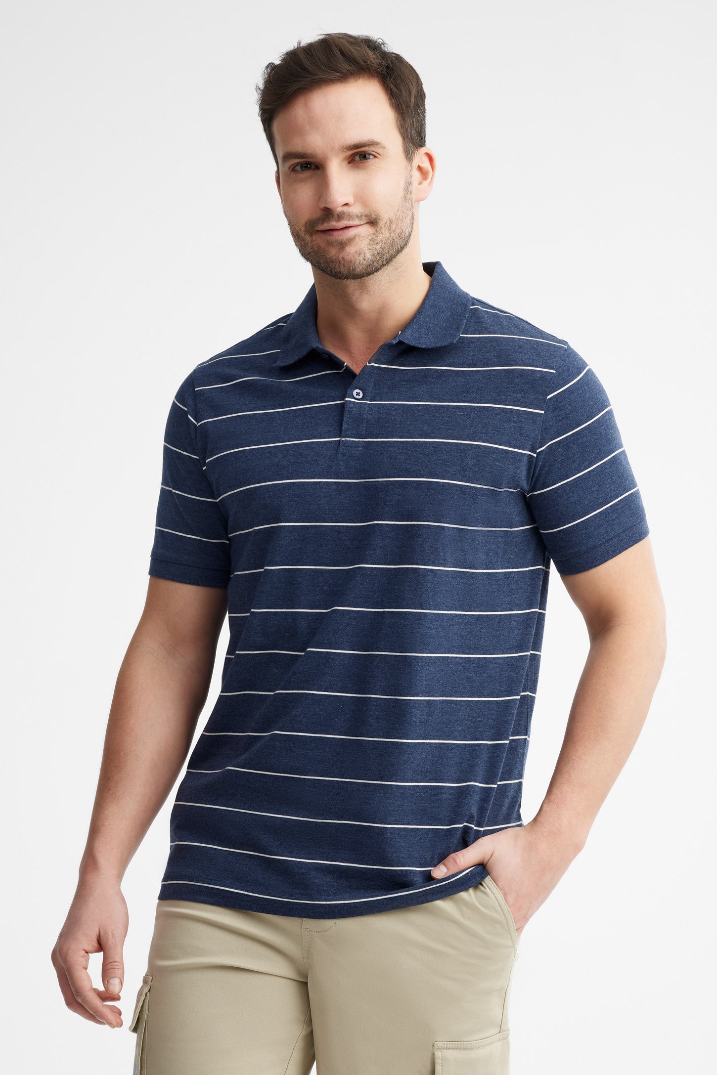 Polo manches courtes rayé coton - Homme && BLEU MARINE MUL