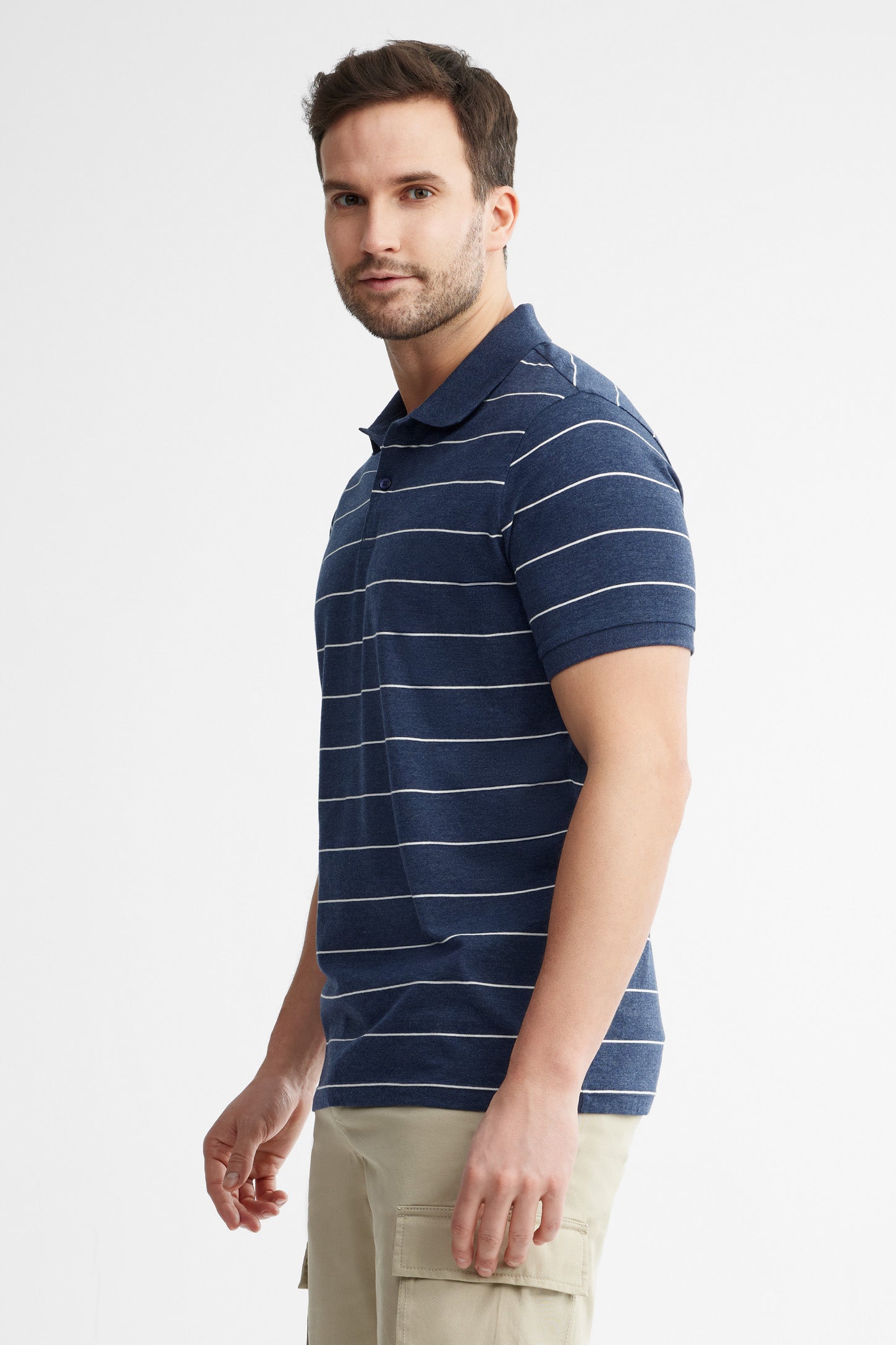 Polo manches courtes rayé coton - Homme && BLEU MARINE MUL