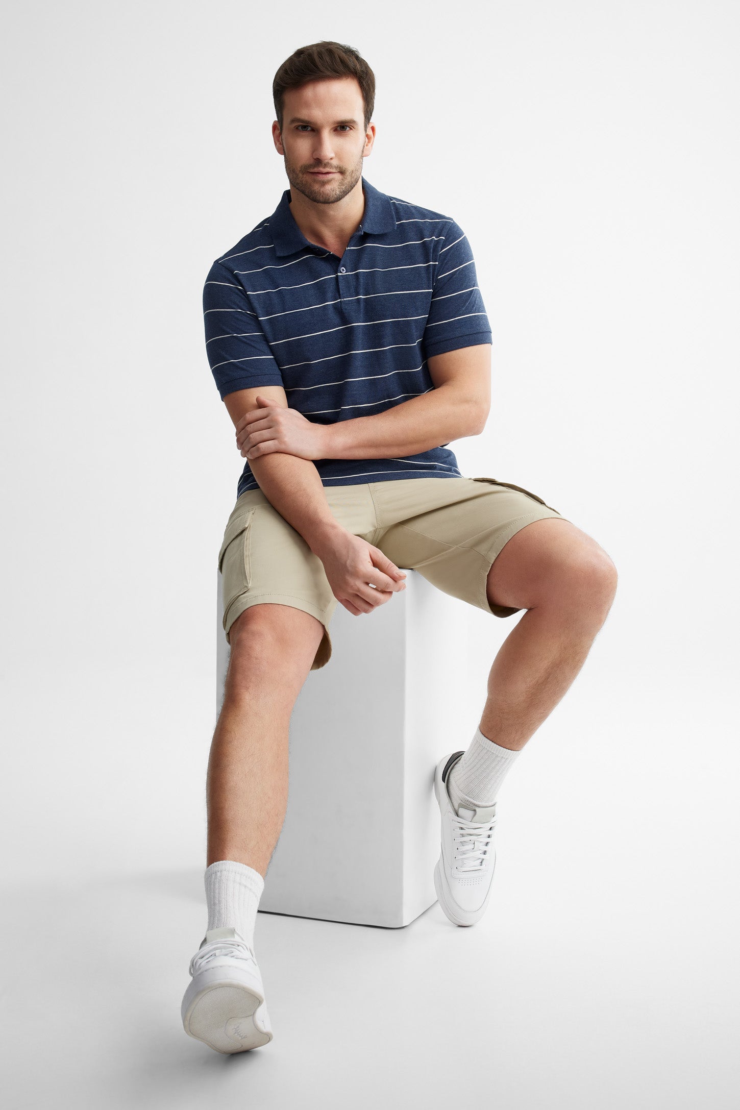 Polo manches courtes rayé coton - Homme && BLEU MARINE MUL