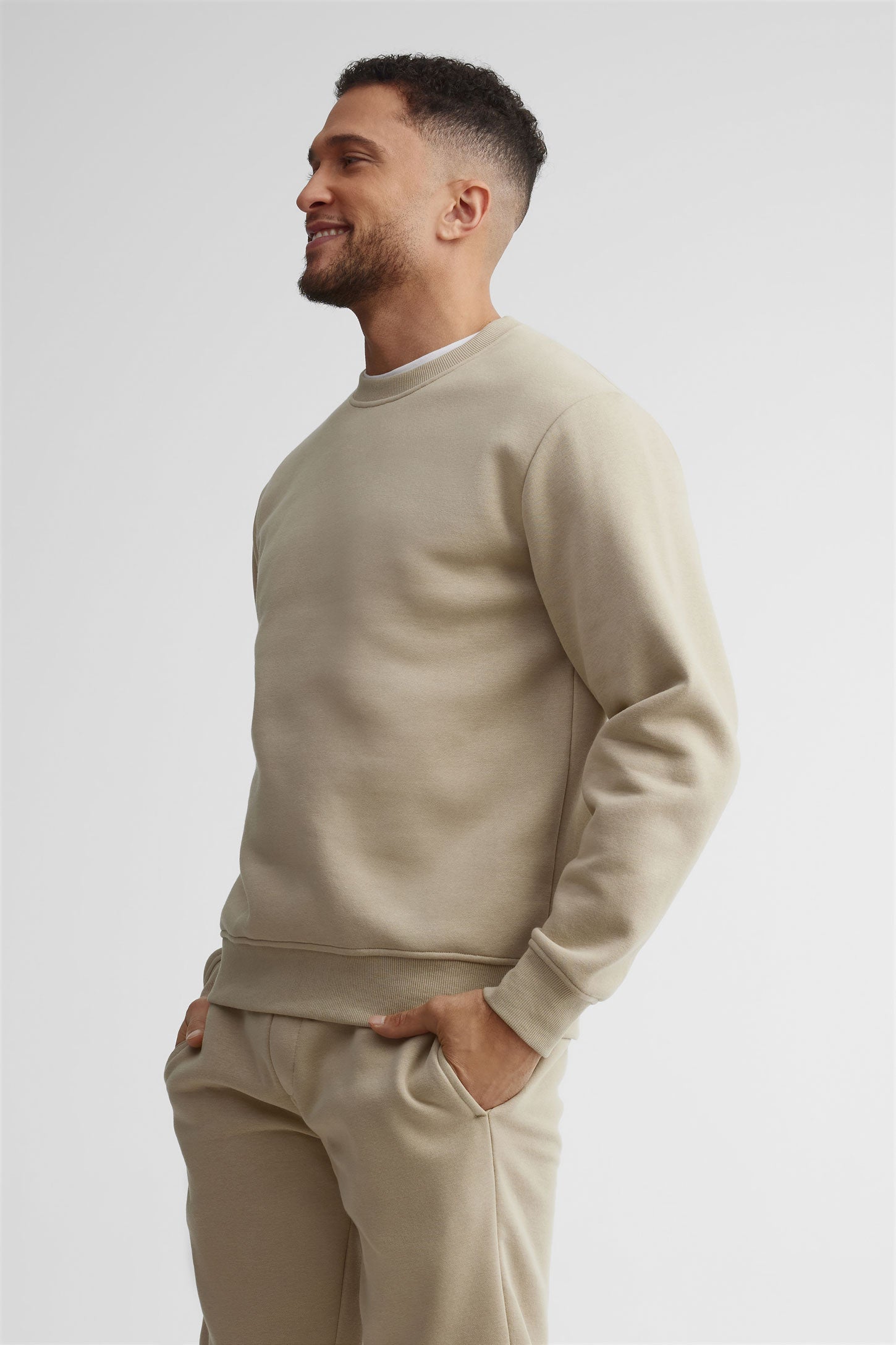 Chandail col rond coton ouaté - Homme && BEIGE